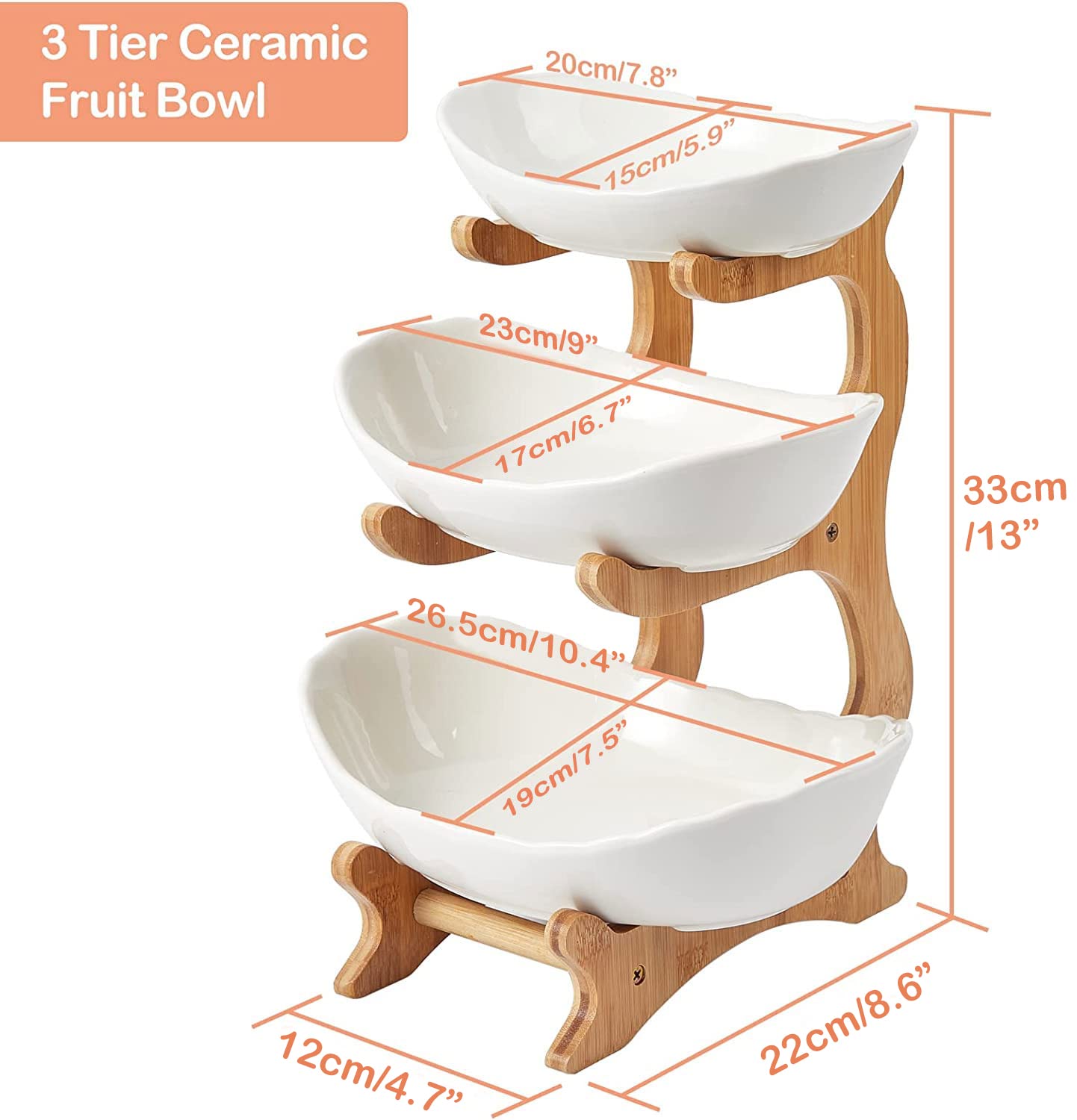 3 Tier Ceramic Fruit Bowl, with Bamboo Wood Stand, White Kitchen Fruit Basket Stand Fruit Serving Tray Set for Vegetable Storage, Snack Dessert Cake Candy Tray Plate Holder
