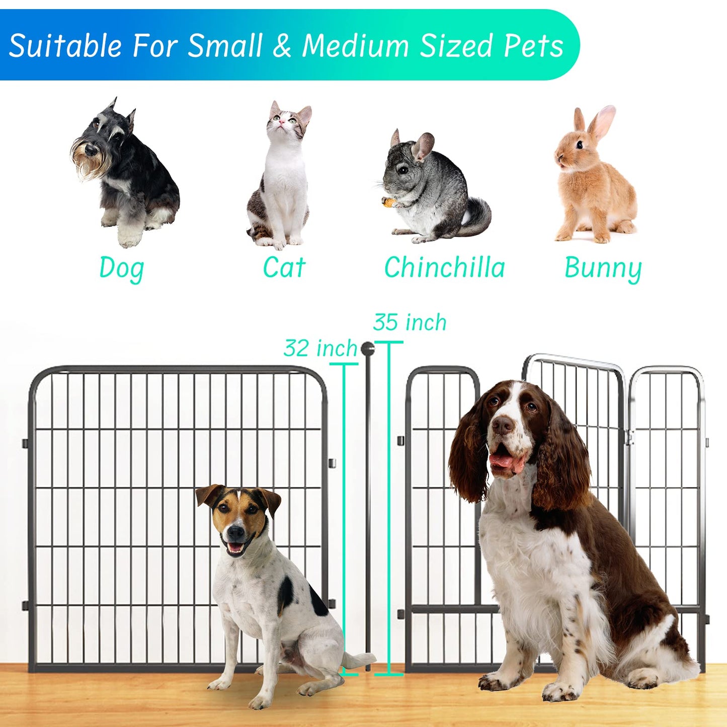 Dog Playpen, 8/16 Panels Dog Pen 32" Height Metal Pet Pen Dog Fence Exercise Pen with Doors for Large/Medium/Small Dogs, Foldable & Portable Animal Pen for Indoor / Outdoor Use