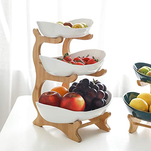 3 Tier Ceramic Fruit Bowl, with Bamboo Wood Stand, White Kitchen Fruit Basket Stand Fruit Serving Tray Set for Vegetable Storage, Snack Dessert Cake Candy Tray Plate Holder