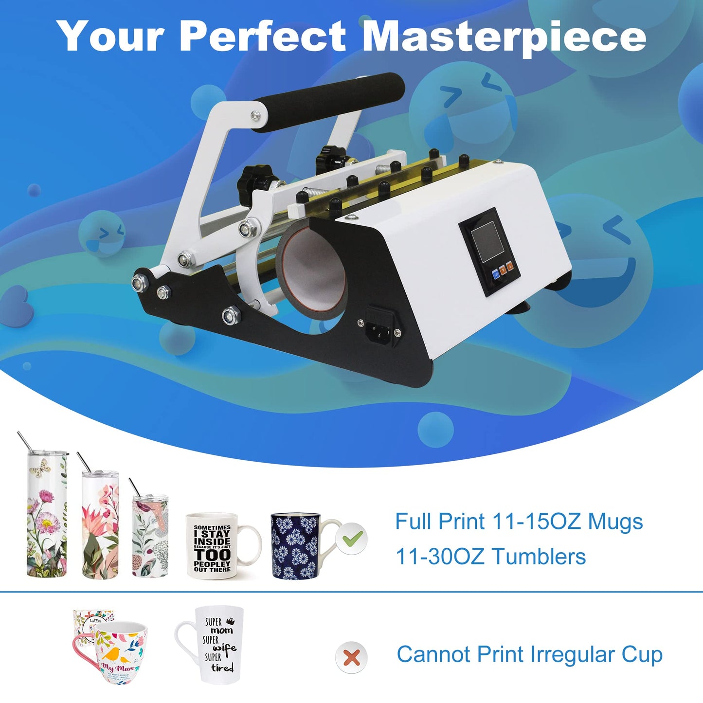 110V Tumbler Heat Press Machine for 30OZ 20OZ, Sublimation Blanks Straight Skinny Glass Cups 11OZ-15OZ Ceramic Mugs DIY Heat Transfer Print, 20 Sheets Paper & Heat Resistant Tape Gloves ( White )