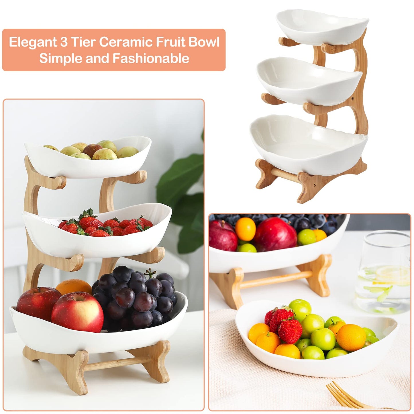 3 Tier Ceramic Fruit Bowl, with Bamboo Wood Stand, White Kitchen Fruit Basket Stand Fruit Serving Tray Set for Vegetable Storage, Snack Dessert Cake Candy Tray Plate Holder