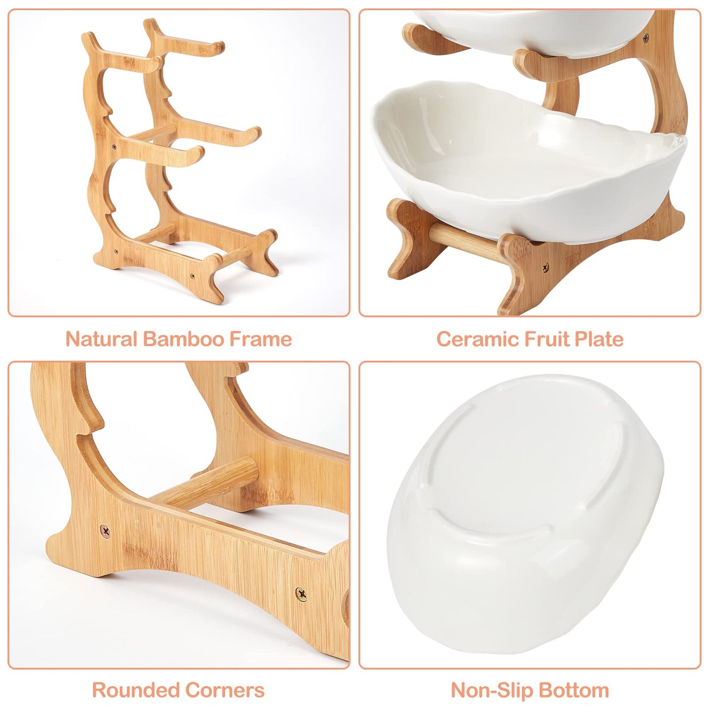 3 Tier Ceramic Fruit Bowl, with Bamboo Wood Stand, White Kitchen Fruit Basket Stand Fruit Serving Tray Set for Vegetable Storage, Snack Dessert Cake Candy Tray Plate Holder