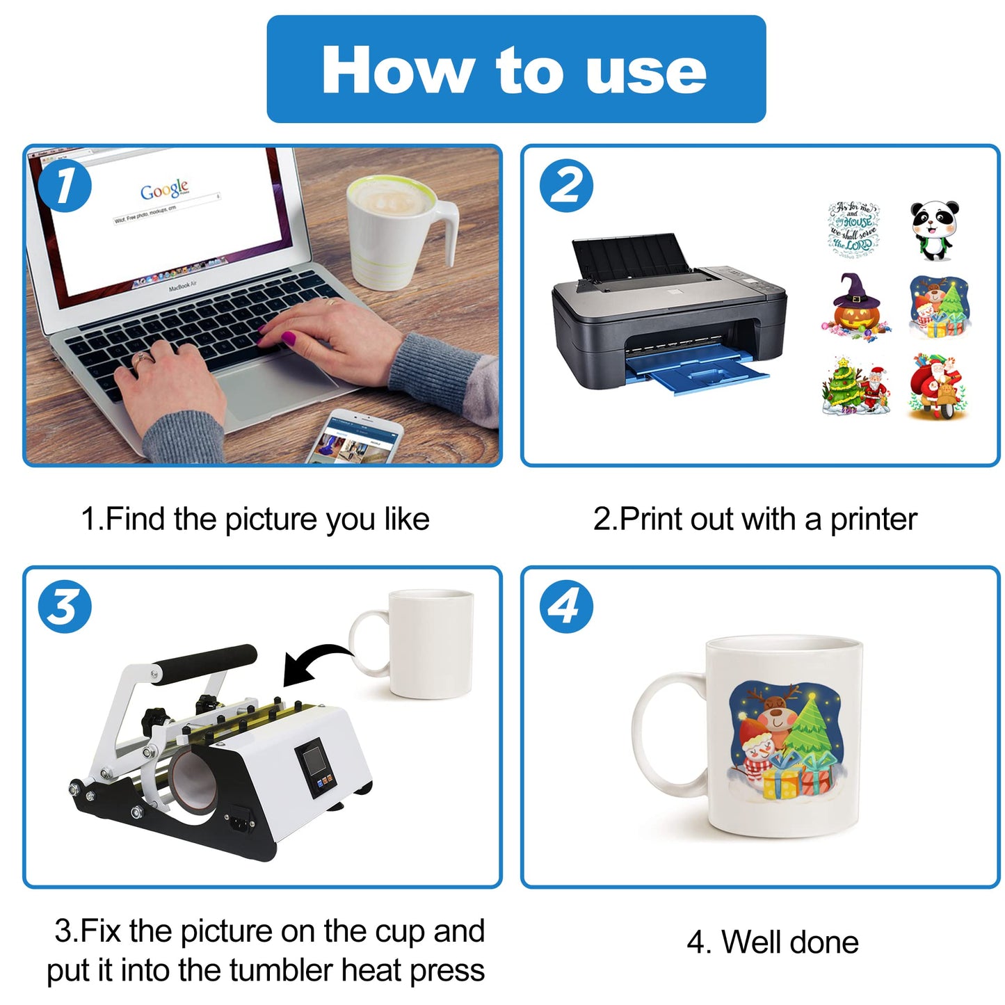 110V Tumbler Heat Press Machine for 30OZ 20OZ, Sublimation Blanks Straight Skinny Glass Cups 11OZ-15OZ Ceramic Mugs DIY Heat Transfer Print, 20 Sheets Paper & Heat Resistant Tape Gloves ( White )