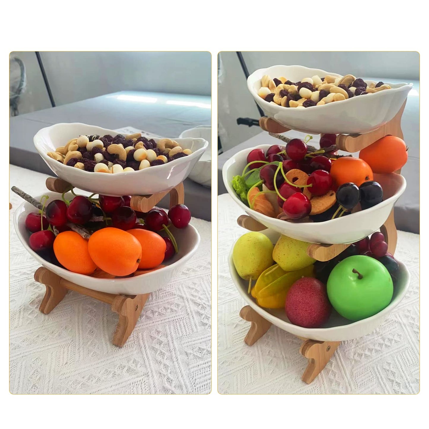 3 Tier Ceramic Fruit Bowl, with Bamboo Wood Stand, White Kitchen Fruit Basket Stand Fruit Serving Tray Set for Vegetable Storage, Snack Dessert Cake Candy Tray Plate Holder