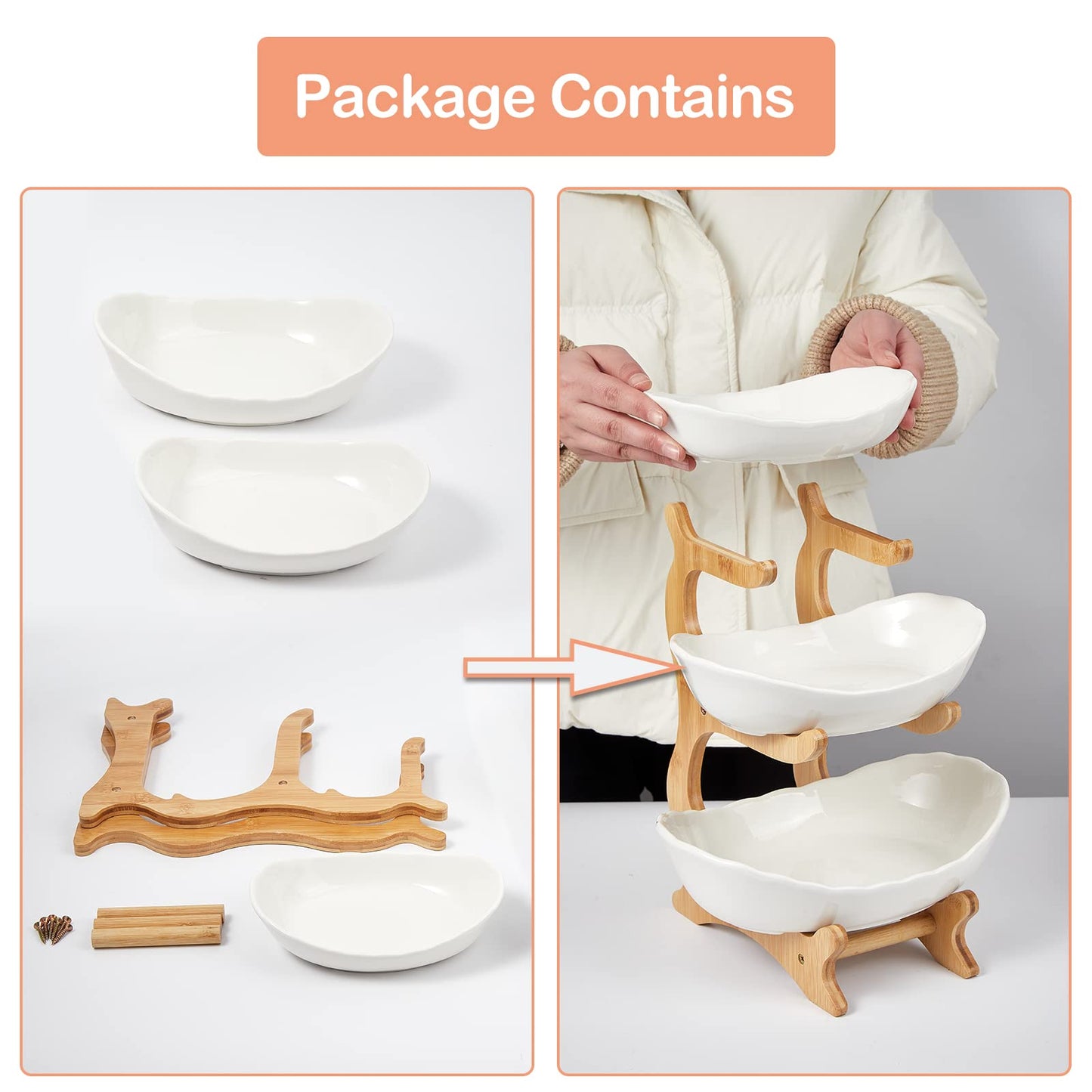 3 Tier Ceramic Fruit Bowl, with Bamboo Wood Stand, White Kitchen Fruit Basket Stand Fruit Serving Tray Set for Vegetable Storage, Snack Dessert Cake Candy Tray Plate Holder