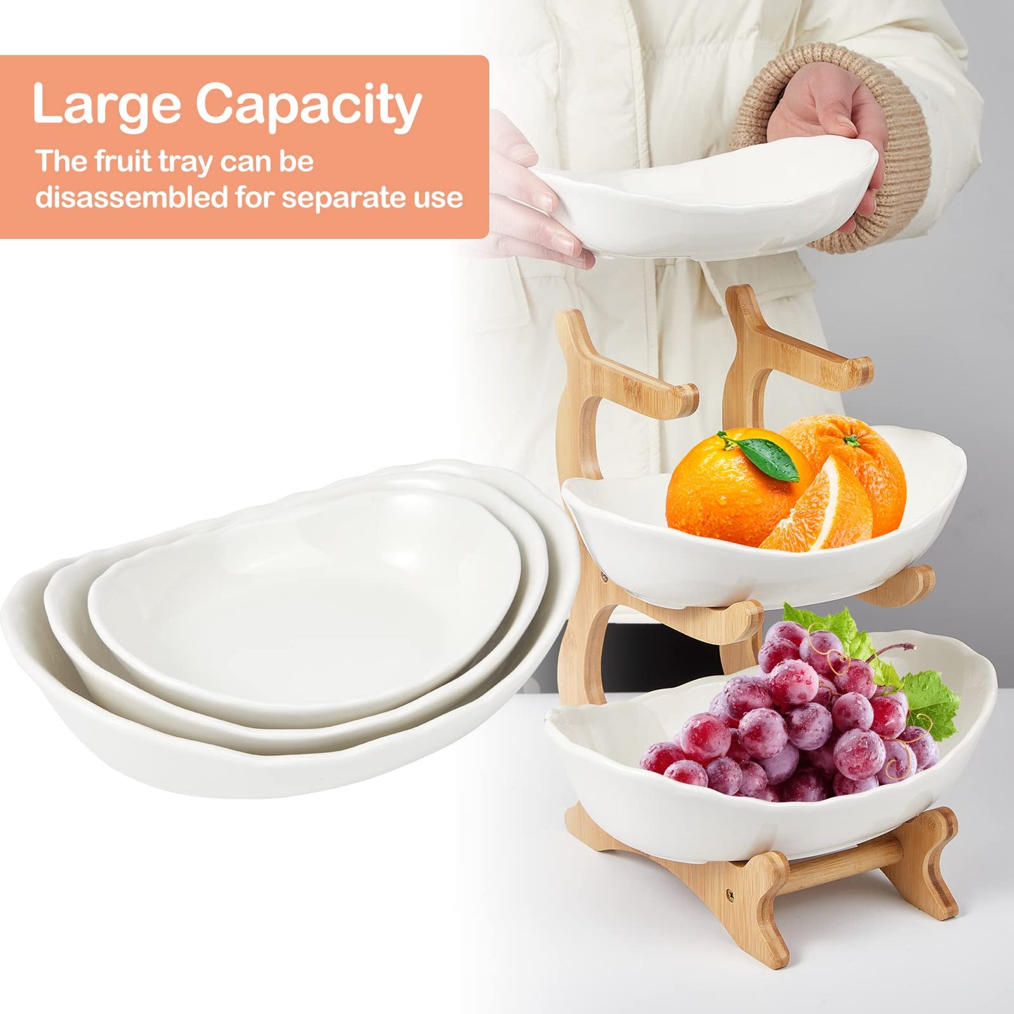 3 Tier Ceramic Fruit Bowl, with Bamboo Wood Stand, White Kitchen Fruit Basket Stand Fruit Serving Tray Set for Vegetable Storage, Snack Dessert Cake Candy Tray Plate Holder