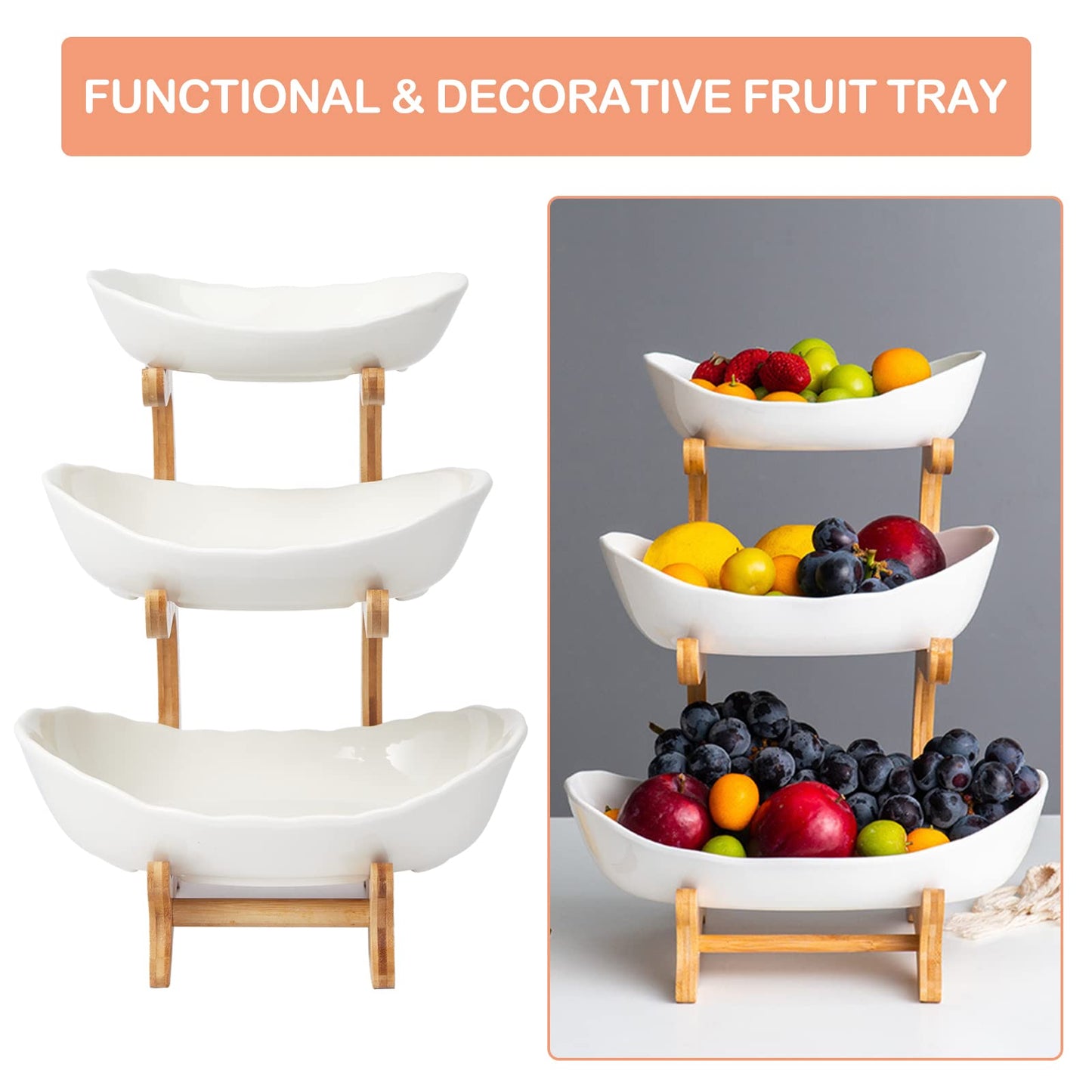 3 Tier Ceramic Fruit Bowl, with Bamboo Wood Stand, White Kitchen Fruit Basket Stand Fruit Serving Tray Set for Vegetable Storage, Snack Dessert Cake Candy Tray Plate Holder