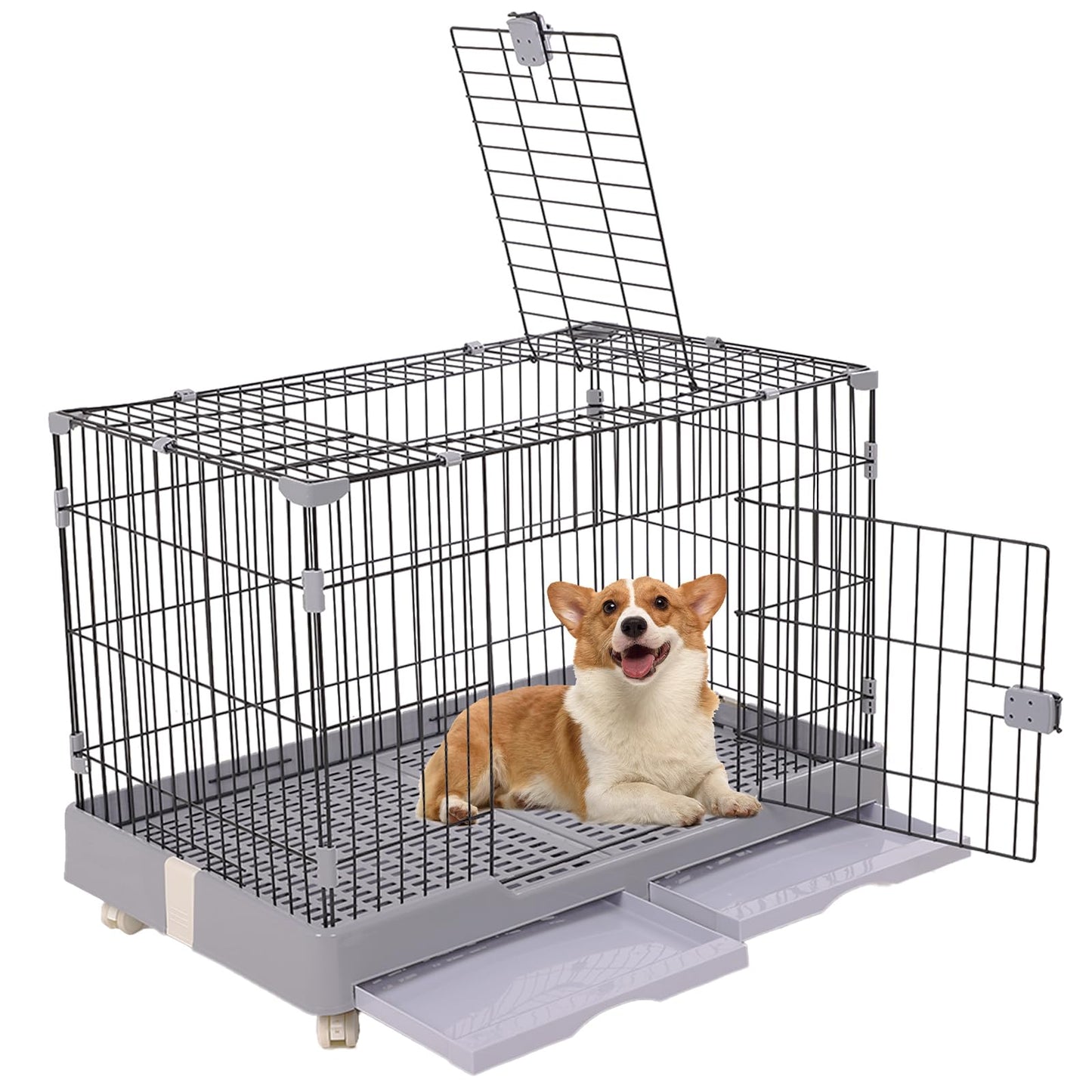 Cat Dog Crate Pet Kennel Steel Wire Small Animal Crate for Rabbit with Drawer Leak-Proof Tray, Double Door, 29 Inch