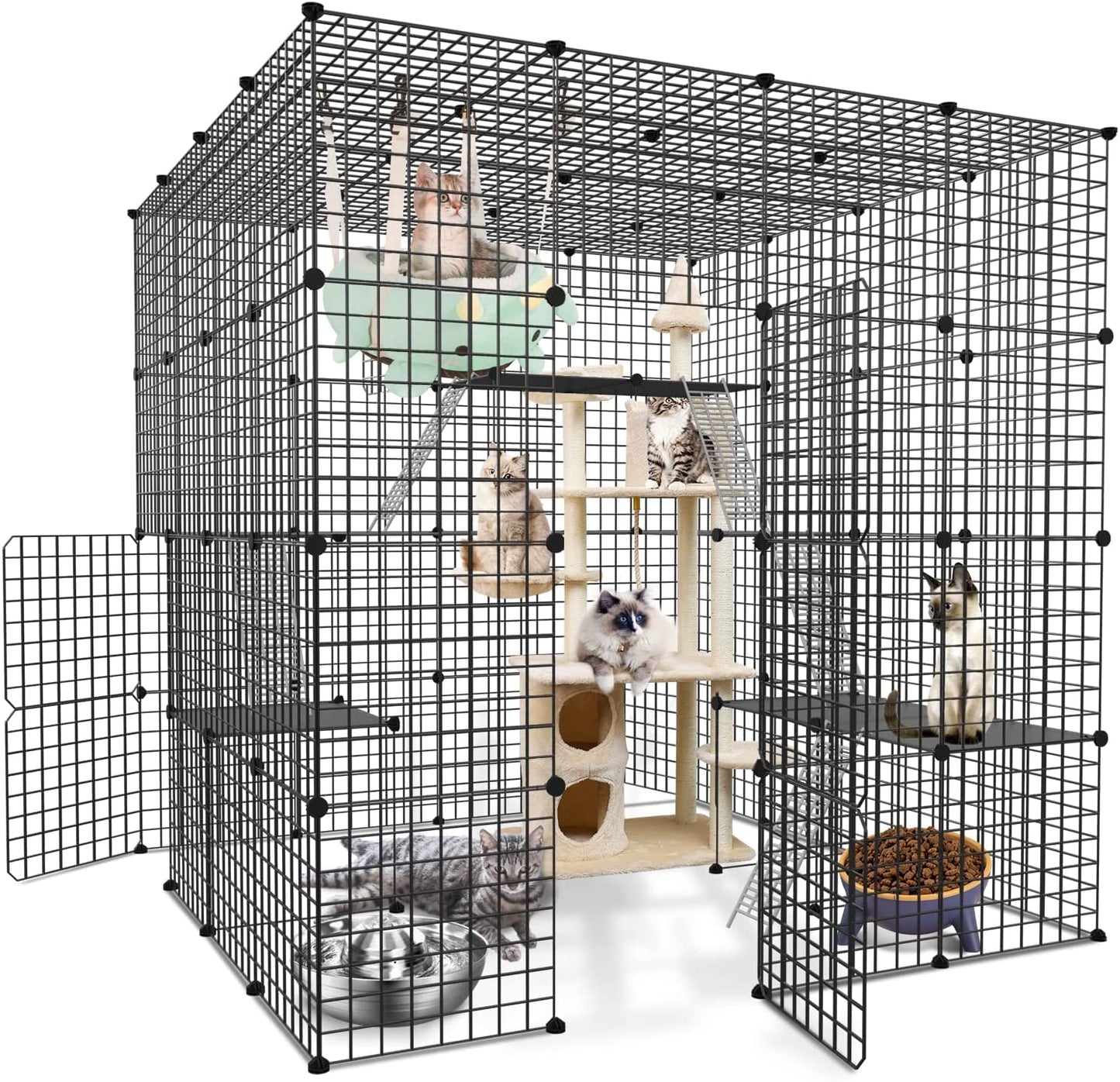 DIY Large Cat Cages Indoor,DIY Kennel Playpen.Detachable Metal Wire Large Cat Cage Exercise Place Ideal for 1-3 Cat,Comes with A Ladder Suitable for Ferret,Bunny and Chinchillas(55"x55"x55")