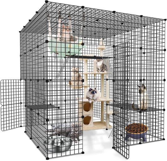 DIY Large Cat Cages Indoor,DIY Kennel Playpen.Detachable Metal Wire Large Cat Cage Exercise Place Ideal for 1-3 Cat,Comes with A Ladder Suitable for Ferret,Bunny and Chinchillas(55"x55"x55")