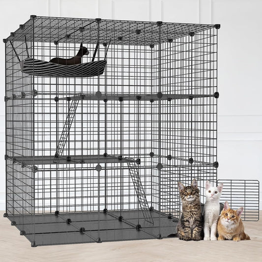 41.3"x41.3"x41.3" DIY Large Cat Cages Indoor, 3-Tier DIY Pet Playpen, Detachable Metal Wire Large Kitten Enclosure with 2 Ladders Exercise Place Ideal for 1-3 Cat for Ferret Bunny Chinchillas