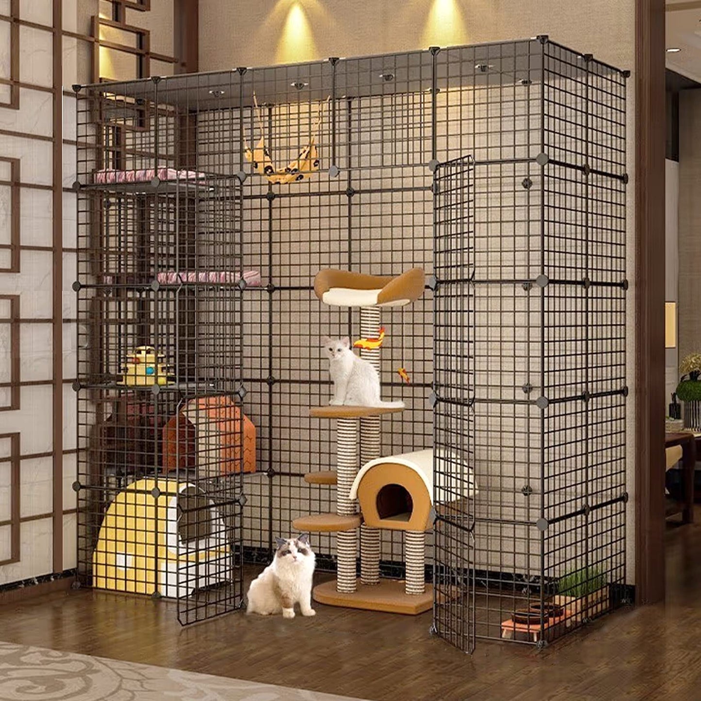 DIY Large Cat Cages Indoor,DIY Kennel Playpen.Detachable Metal Wire Large Cat Cage Exercise Place Ideal for 1-4 Cat,Comes with A Ladder Suitable for Ferret,Bunny and Chinchillas (69*69*28in)