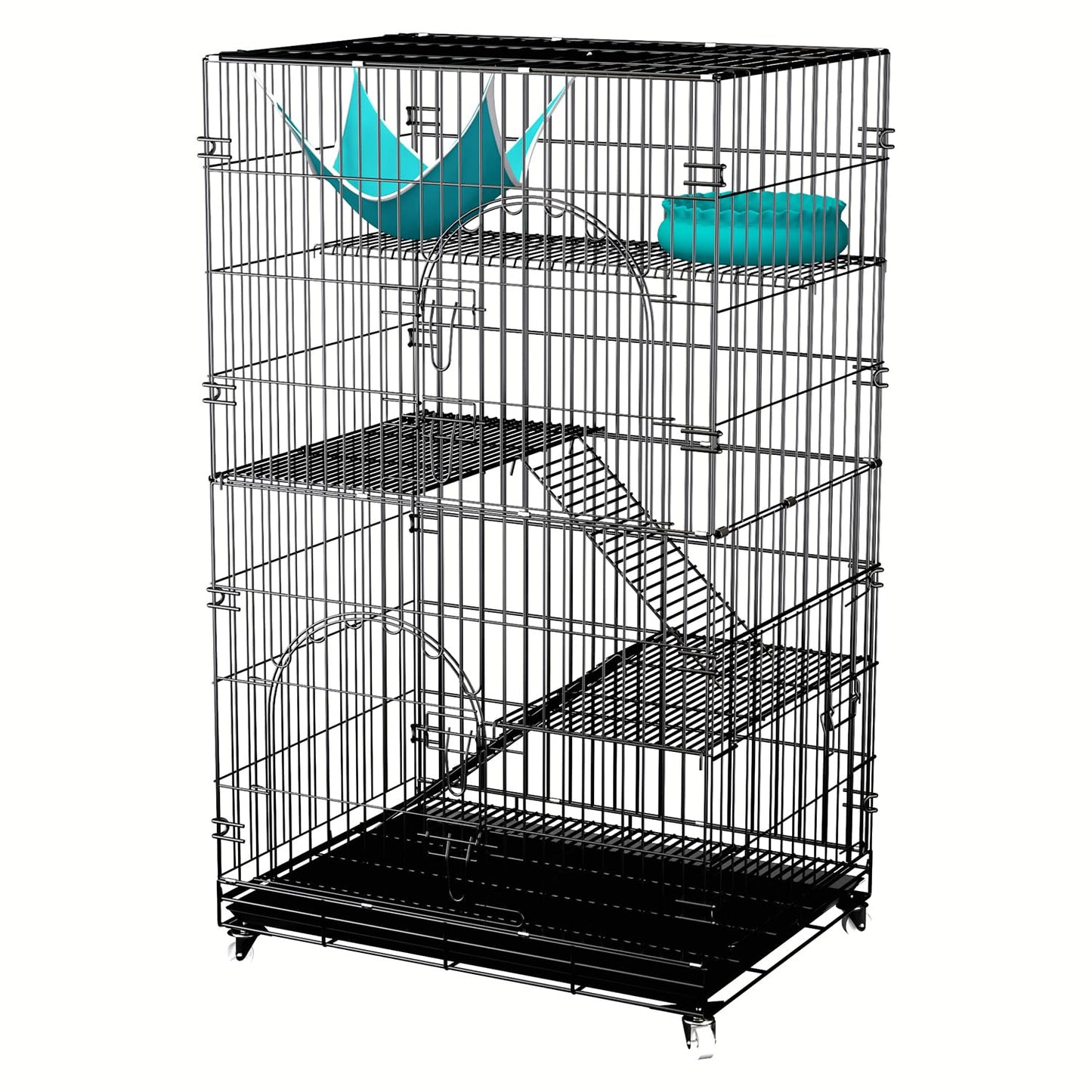 4 Tiers Cat Cage Metal Playpen Crate 45 Inch Large Kennel Enclosure Metal Cage Indoor Outdoor with 2 Doors & 1 Hammock &2 Ladder Suitable for Pet Cat,Ferret,Bunny and Chinchillas