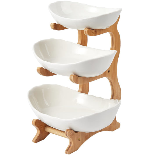 3 Tier Ceramic Fruit Bowl, with Bamboo Wood Stand, White Kitchen Fruit Basket Stand Fruit Serving Tray Set for Vegetable Storage, Snack Dessert Cake Candy Tray Plate Holder