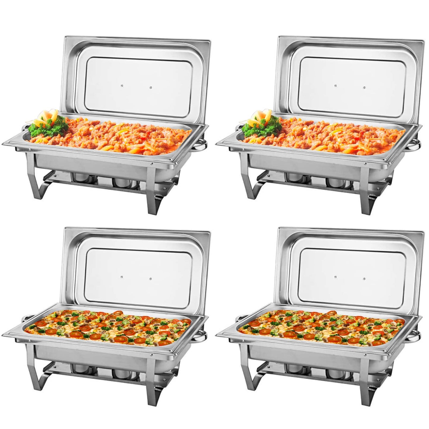 Pack of 4 Chafing Dish 8 Quart Stainless Steel Foldable Rectangular Chafer Full Size Food Pan Fuel Holder and Lid Food Warmers for Pary Banquet Buffets