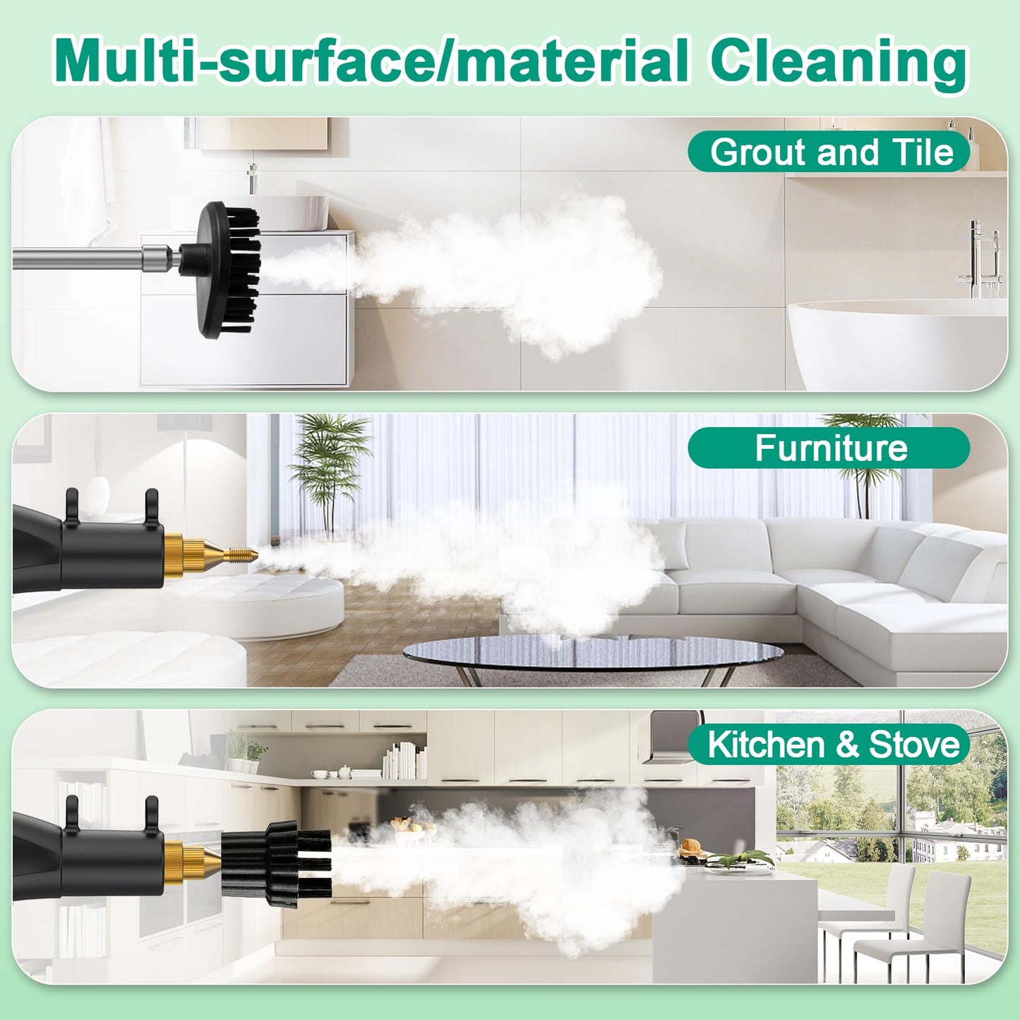 2500W Handheld Steam Cleaner, High Pressure Steamer for Cleaning, Portable Steam Cleaning Machine for Home Use With 3 Brushes, Electric Steam Cleaner for Car, Kitchen, Furniture, Grout And Tile (Green)