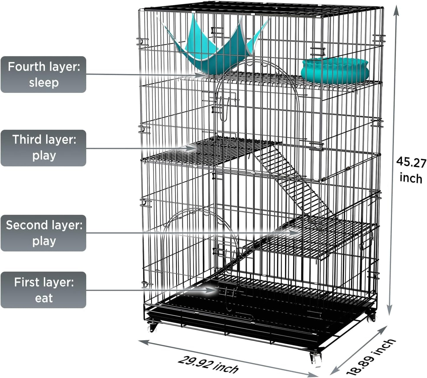 4 Tiers Cat Cage Metal Playpen Crate 45 Inch Large Kennel Enclosure Metal Cage Indoor Outdoor with 2 Doors & 1 Hammock &2 Ladder Suitable for Pet Cat,Ferret,Bunny and Chinchillas