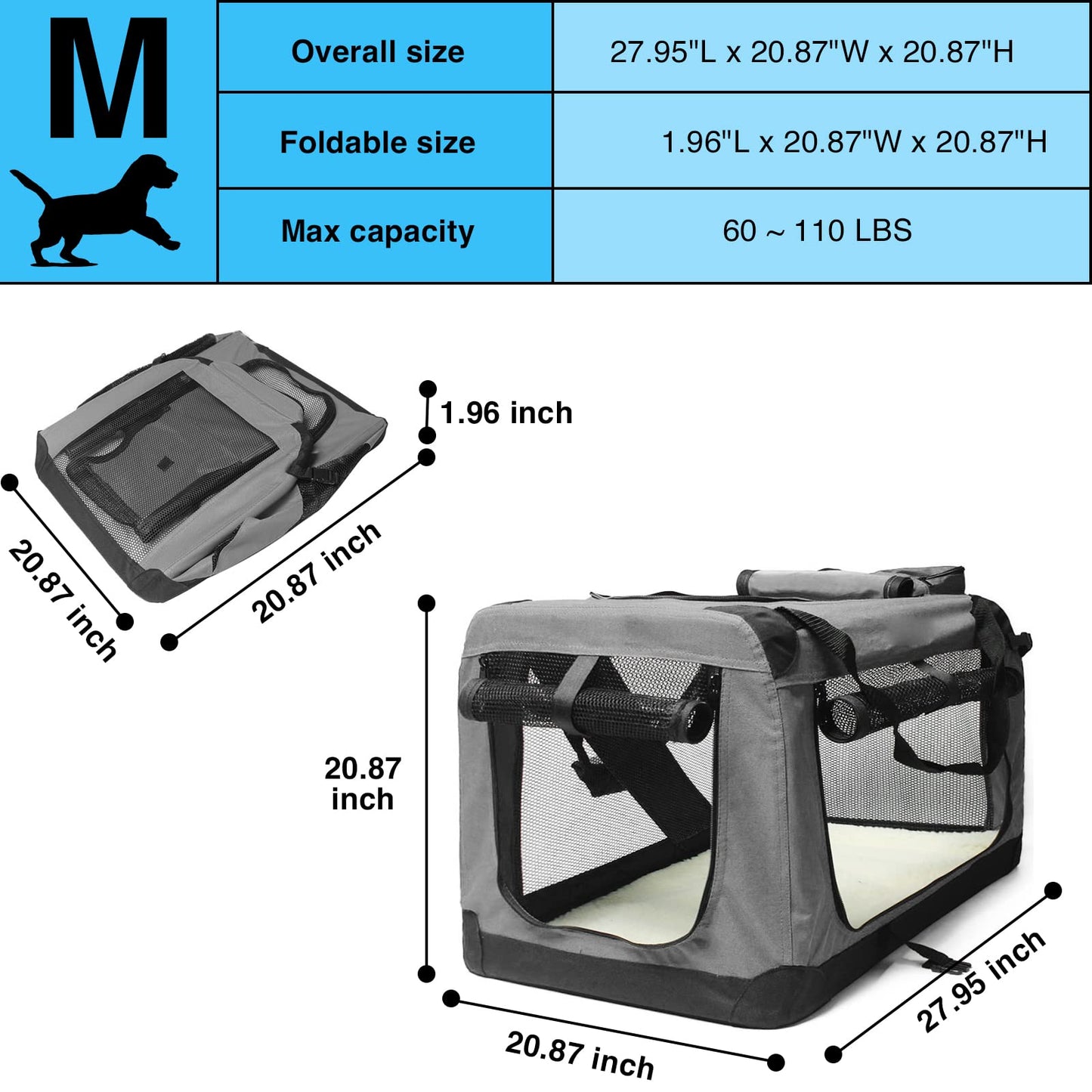 Collapsible Soft Dog Crates for Medium Dog, Folding Travel Crate Portable Pet Crate Perfect for Indoor/Outdoor/Camping/Traveling,Grey, 27.95" L x 20.87" W x 20.87" H