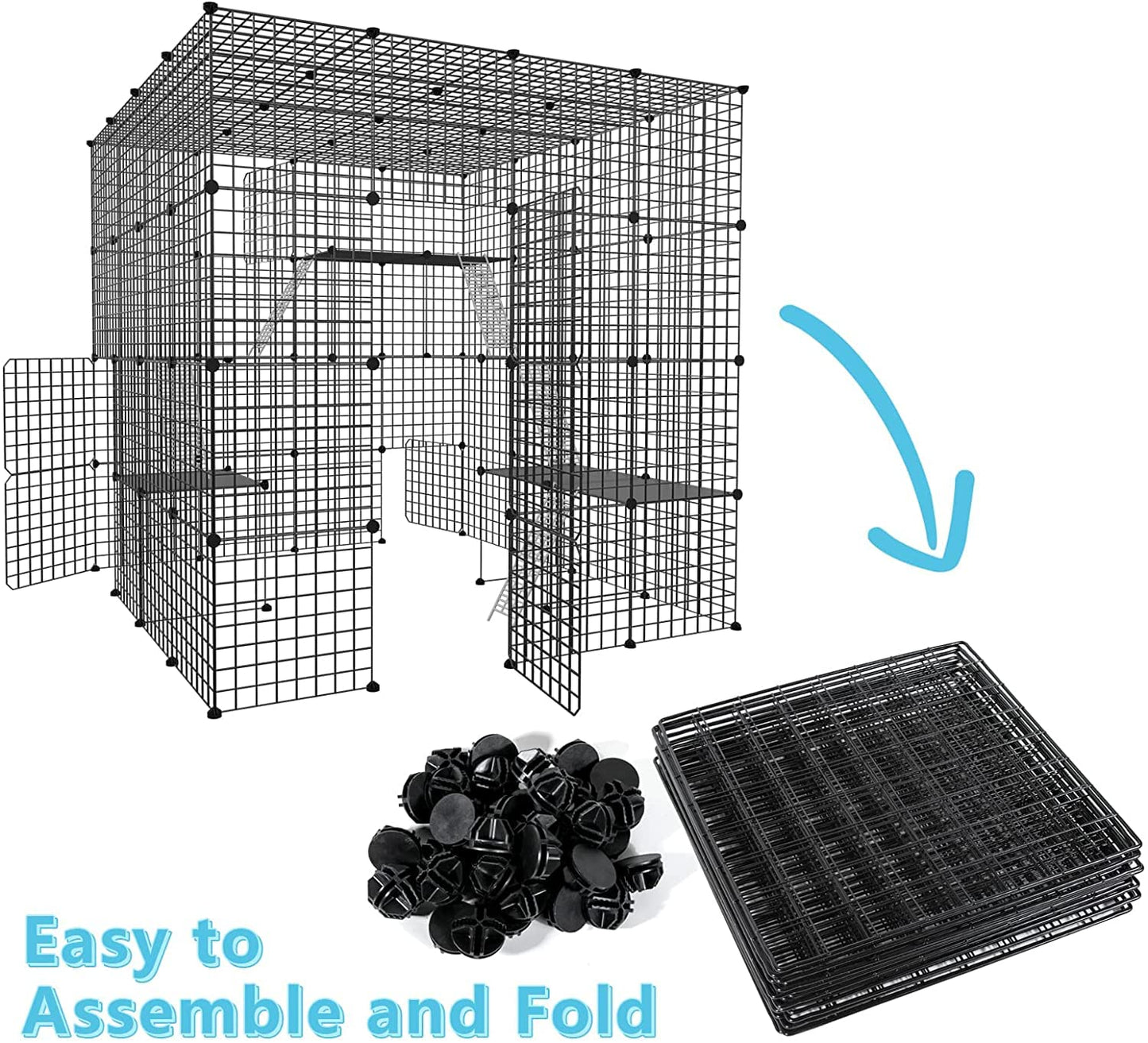 DIY Large Cat Cages Indoor,DIY Kennel Playpen.Detachable Metal Wire Large Cat Cage Exercise Place Ideal for 1-3 Cat,Comes with A Ladder Suitable for Ferret,Bunny and Chinchillas(55"x55"x55")