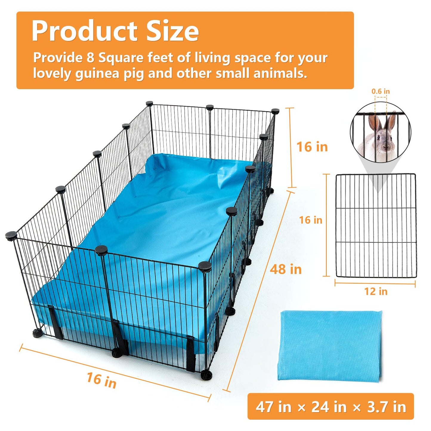 Guinea Pig Cage 48" x24'' with Bottom Mat, 8 Sq Ft Expandable Guinea Pig Playpen with Waterproof PVC Liner Small Animals Indoor House Cage for Hamster Hedgehog Bunny (12 x Cage Panels)