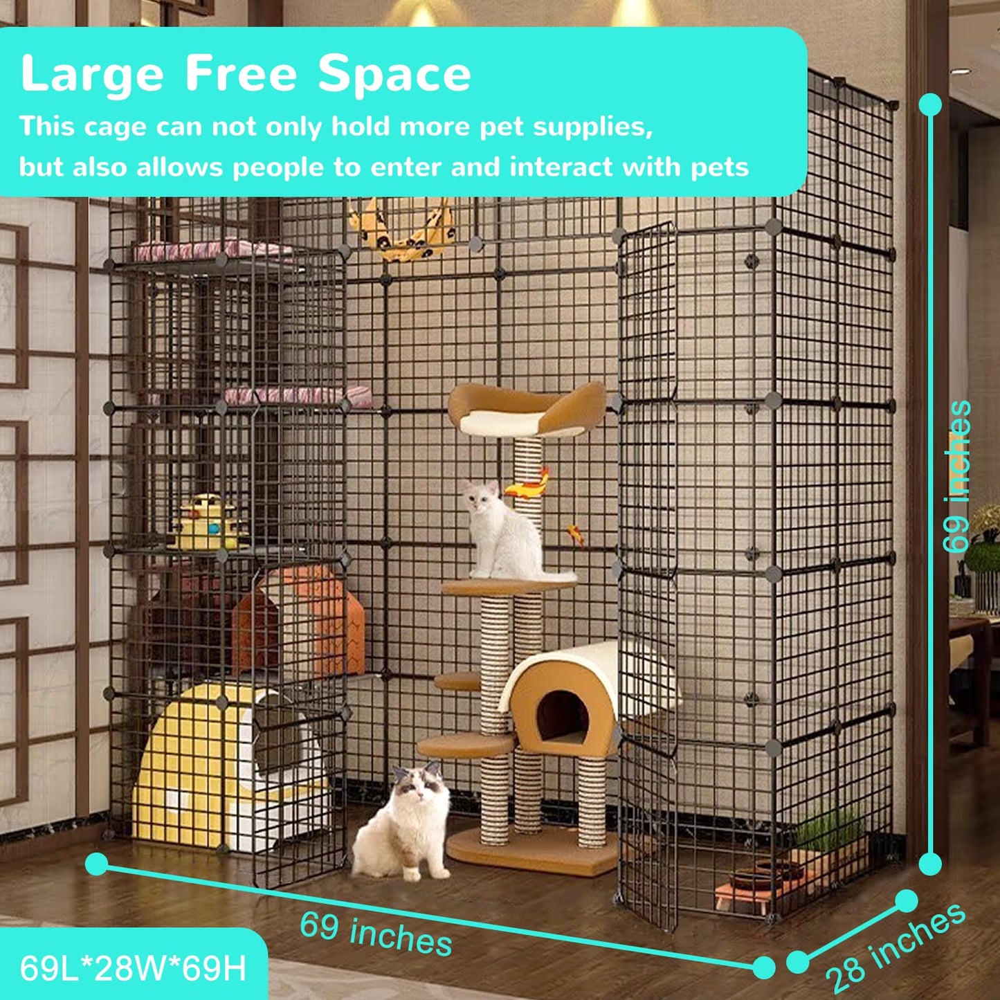 DIY Large Cat Cages Indoor,DIY Kennel Playpen.Detachable Metal Wire Large Cat Cage Exercise Place Ideal for 1-4 Cat,Comes with A Ladder Suitable for Ferret,Bunny and Chinchillas (69*69*28in)