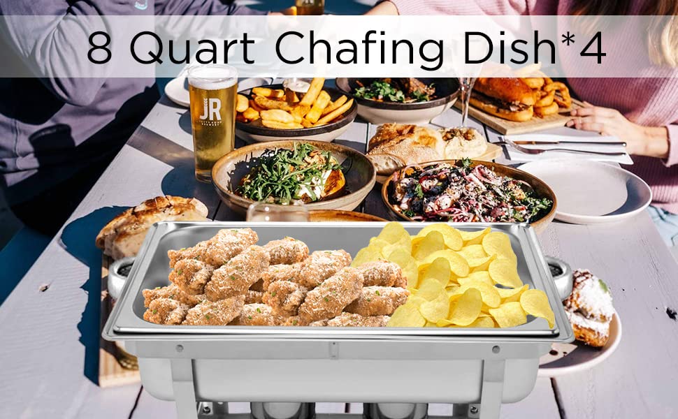 Pack of 4 Chafing Dish 8 Quart Stainless Steel Foldable Rectangular Chafer Full Size Food Pan Fuel Holder and Lid Food Warmers for Pary Banquet Buffets