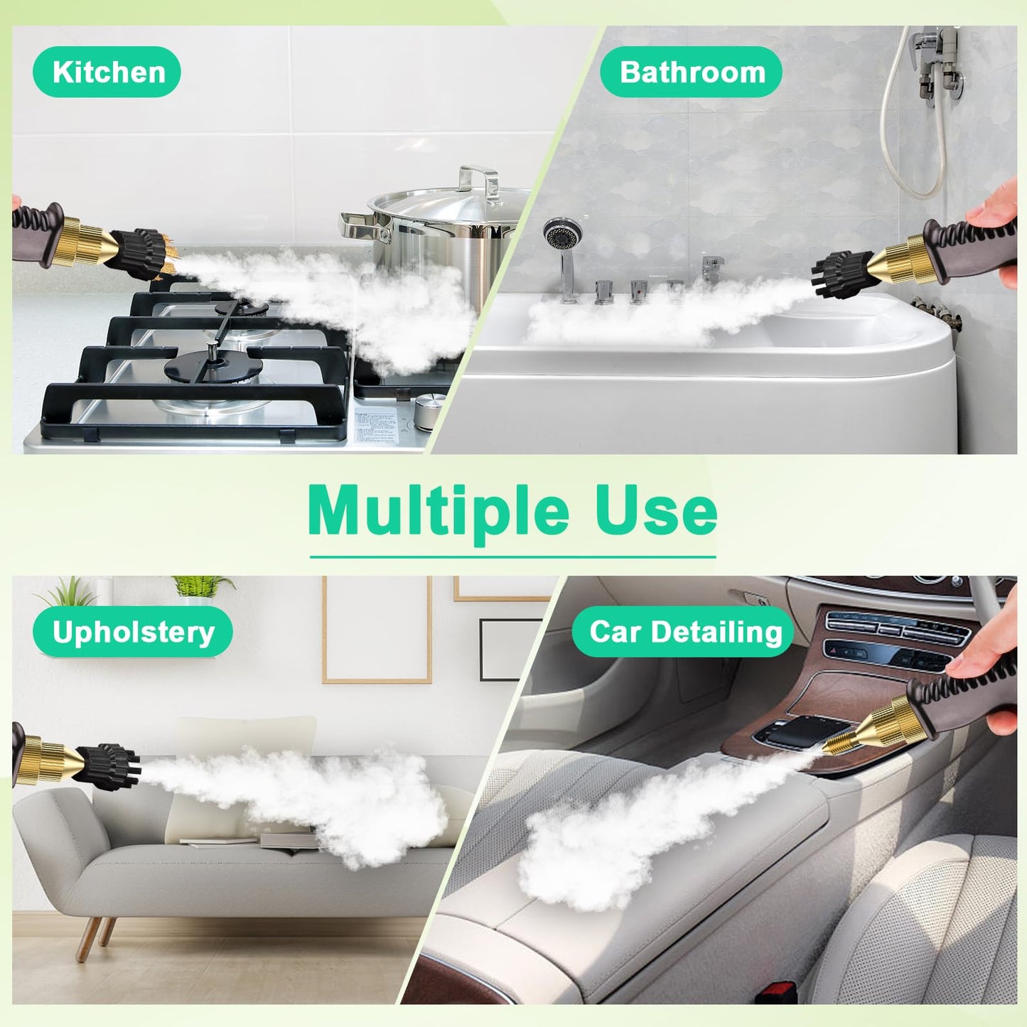 2500W Handheld Steam Cleaner, High Pressure Steamer for Cleaning, Portable Steam Cleaning Machine for Home Use With 3 Brushes, Electric Steam Cleaner for Car, Kitchen, Furniture, Grout And Tile (Green)