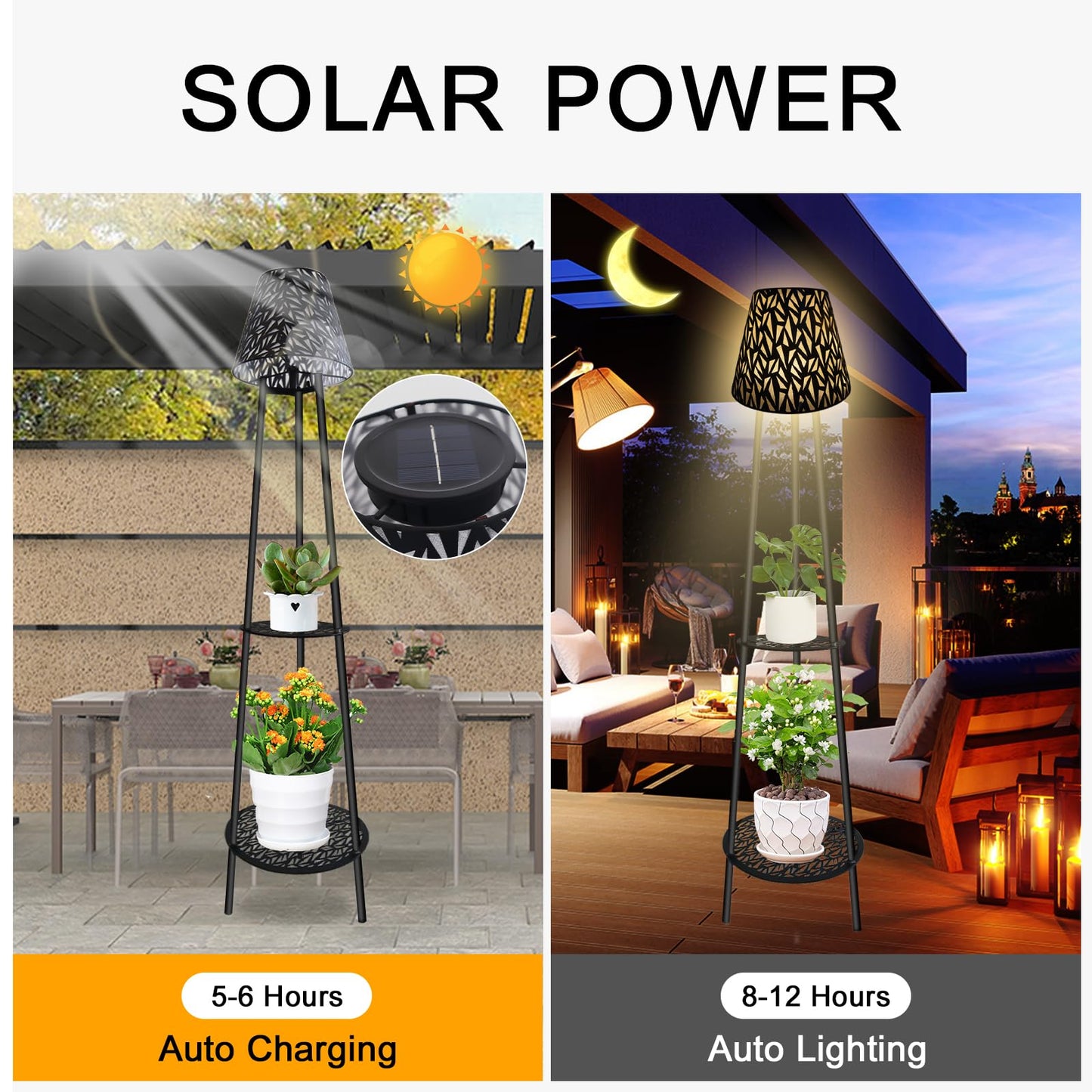 2 Pack Solar Floor Lamps with Plant Stand, 45.4" Waterproof Solar Lantern Lights, Metal Flower Holder Lamps for Garden Yard Deck Porch Patio Decor