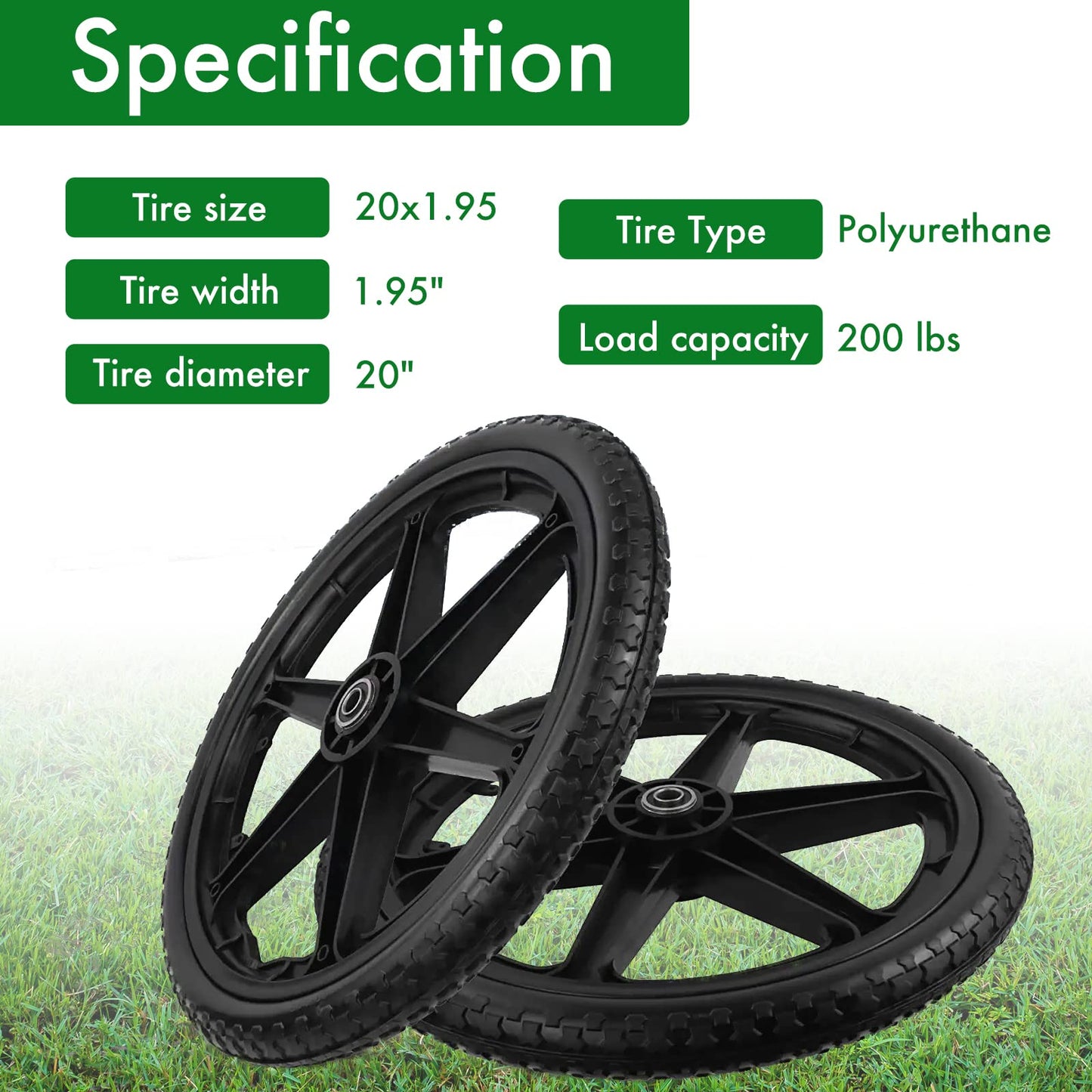 Flat Free Cart Wheels 20x1.95" Flat Free Tire Assembly with 5/8" Bearing 1.58 CM Hole Suitable for Garden Cart Lawn Cart Load 100 KG,2 PACK