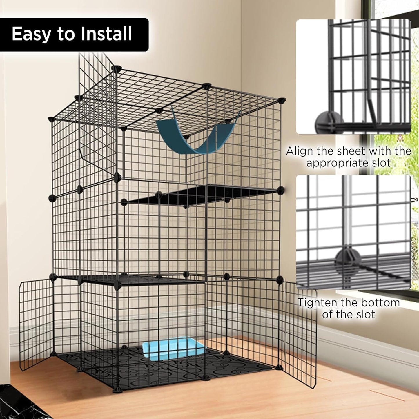 41.3"x41.3"x41.3" DIY Large Cat Cages Indoor, 3-Tier DIY Pet Playpen, Detachable Metal Wire Large Kitten Enclosure with 2 Ladders Exercise Place Ideal for 1-3 Cat for Ferret Bunny Chinchillas