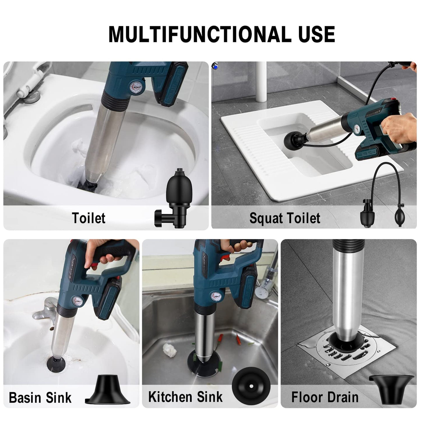 Electric Toilet Plunger, Drain Clog Remover Power Plunger, High Pressure Air Drain Blaster, Heavy Duty Plunger Tool With Real-Time Barometer & Battery For Toilet, Sink, Floor Drain, Sewer,Clogged Pipe