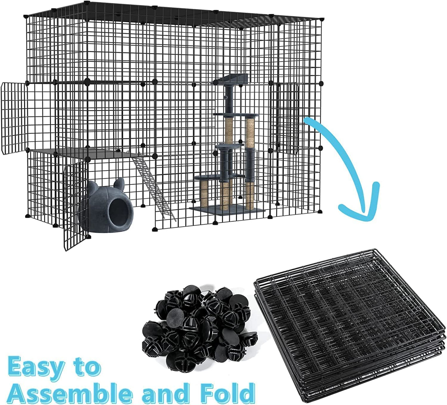 DIY Large Cat Cages Indoor,DIY Kennel Playpen.Detachable Metal Wire Large Cat Cage Exercise Place Ideal for 1-4 Cat,Comes with A Ladder Suitable for Ferret,Bunny and Chinchillas (69*69*28in)