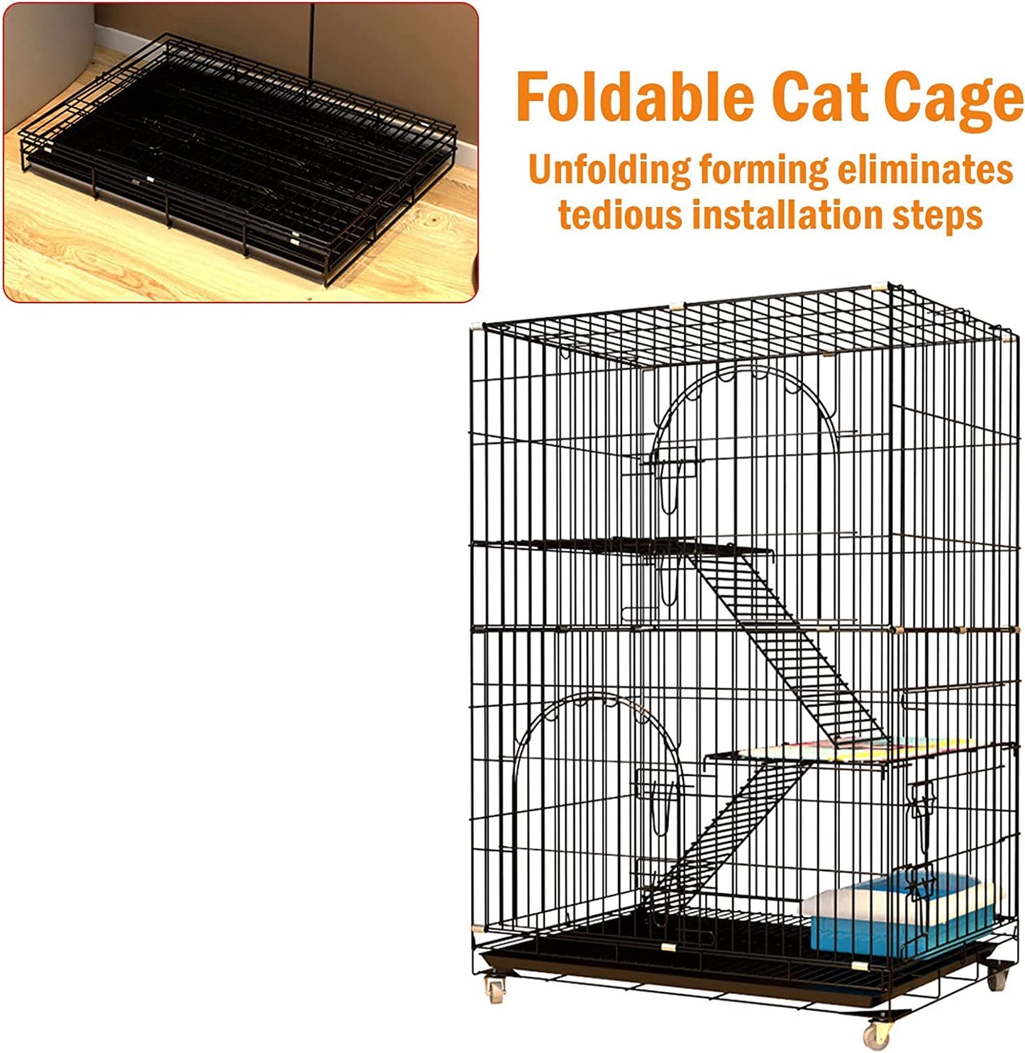 4 Tiers Cat Cage Metal Playpen Crate 45 Inch Large Kennel Enclosure Metal Cage Indoor Outdoor with 2 Doors & 1 Hammock &2 Ladder Suitable for Pet Cat,Ferret,Bunny and Chinchillas