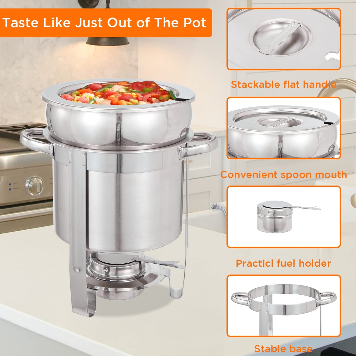 Upgraded 2 Pack Soup Chafer, 7 QT Stainless Steel Round Soup Warmer, Soup Chafer with Pot Lid and Fuel Holder for Parties Buffet Wedding Banquets Commercial Grade