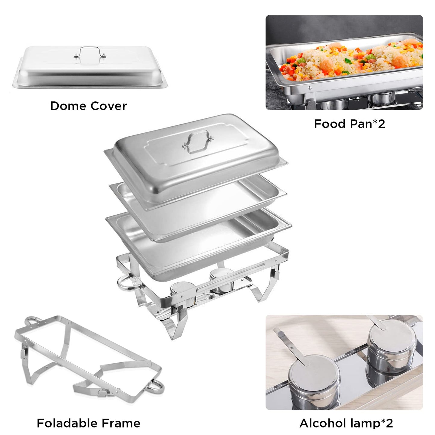 Pack of 4 Chafing Dish 8 Quart Stainless Steel Foldable Rectangular Chafer Full Size Food Pan Fuel Holder and Lid Food Warmers for Pary Banquet Buffets