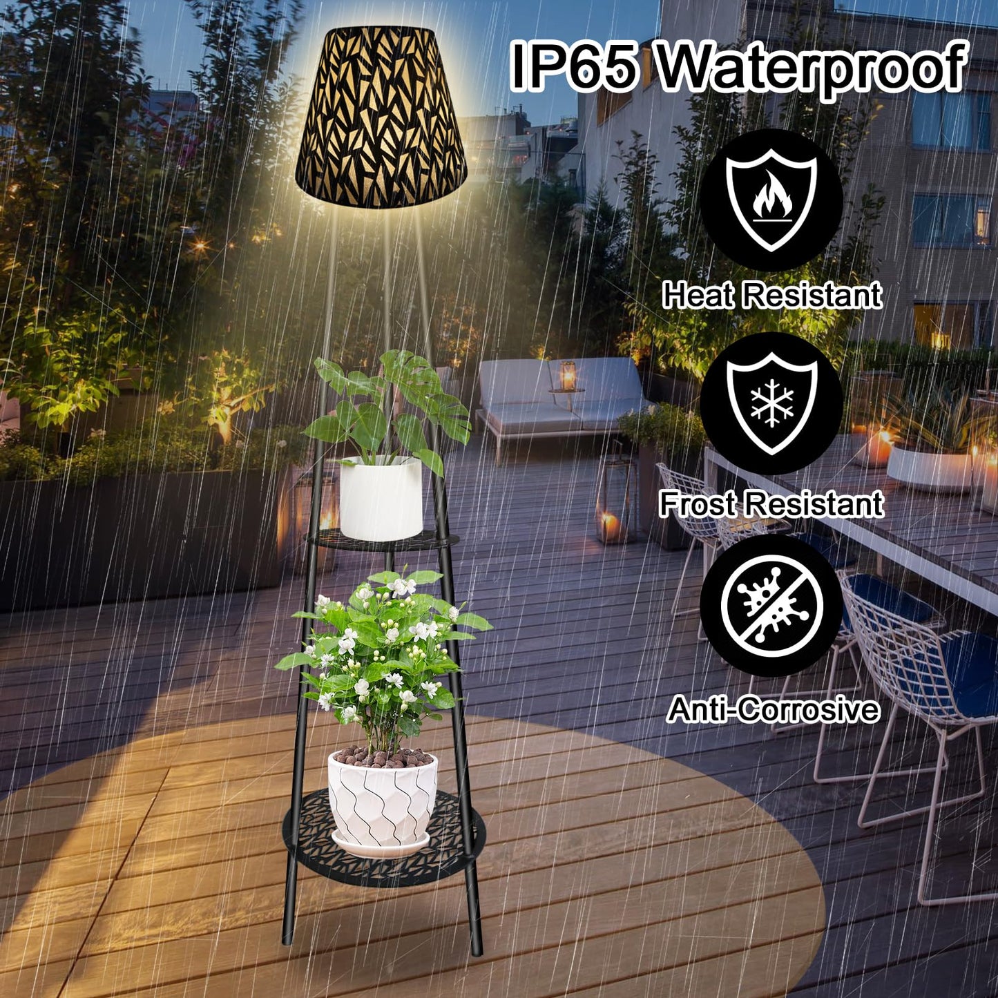 2 Pack Solar Floor Lamps with Plant Stand, 45.4" Waterproof Solar Lantern Lights, Metal Flower Holder Lamps for Garden Yard Deck Porch Patio Decor