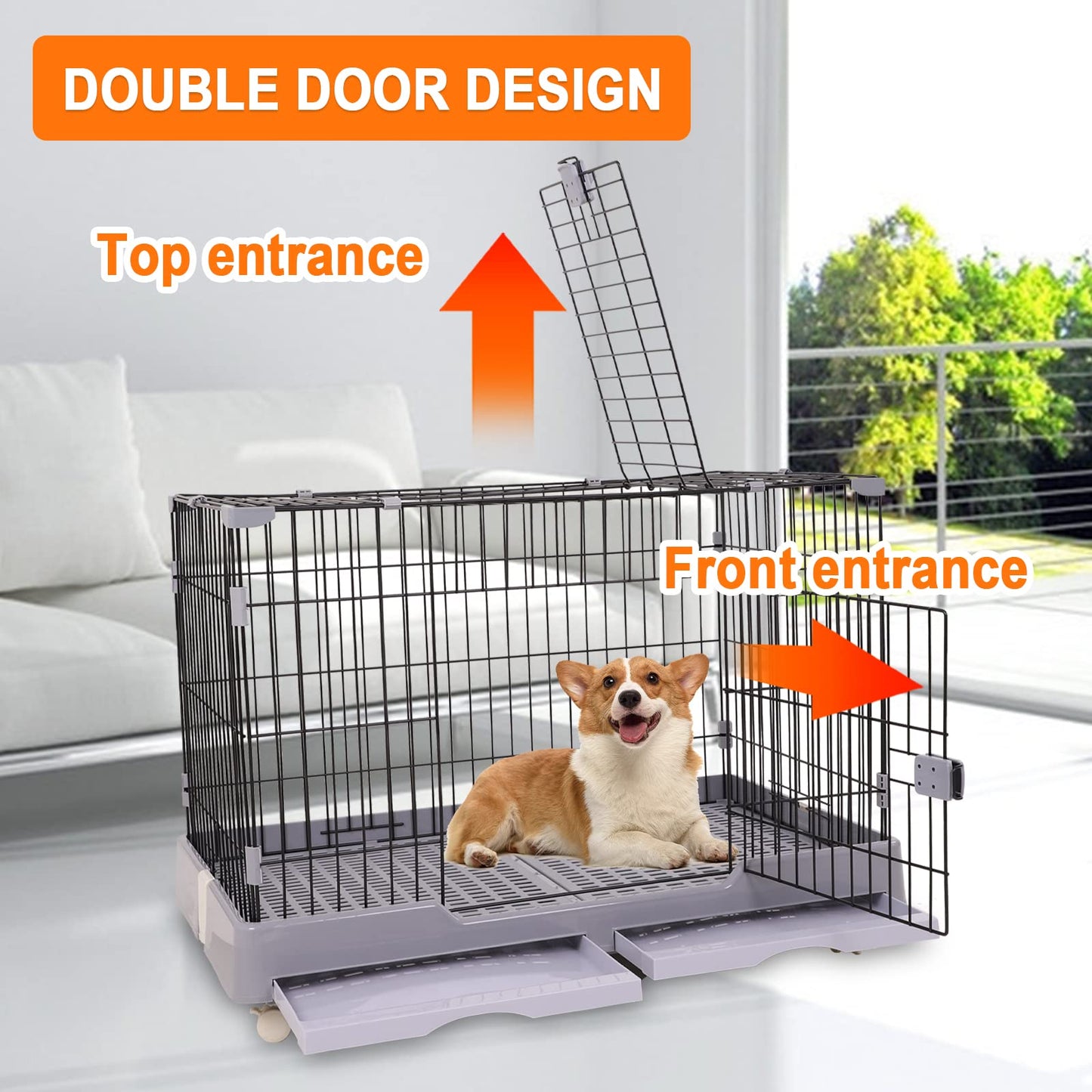 Cat Dog Crate Pet Kennel Steel Wire Small Animal Crate for Rabbit with Drawer Leak-Proof Tray, Double Door, 29 Inch