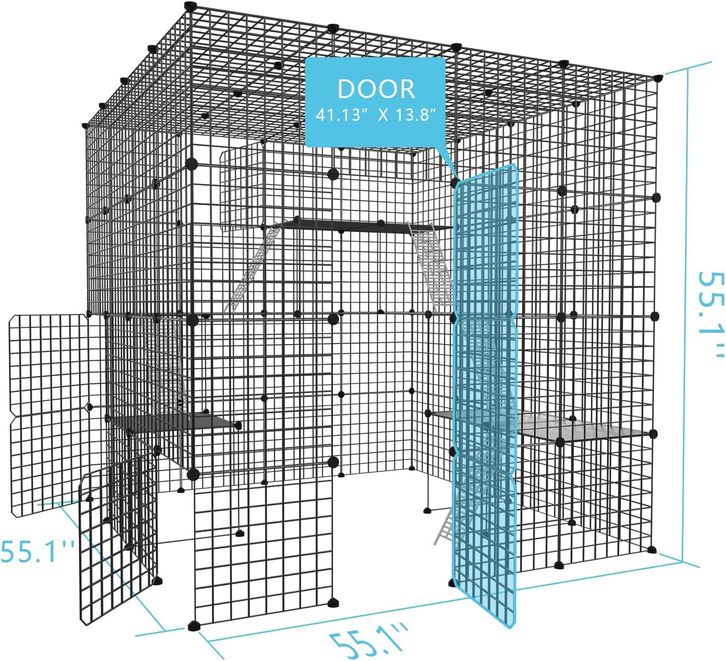 DIY Large Cat Cages Indoor,DIY Kennel Playpen.Detachable Metal Wire Large Cat Cage Exercise Place Ideal for 1-3 Cat,Comes with A Ladder Suitable for Ferret,Bunny and Chinchillas(55"x55"x55")