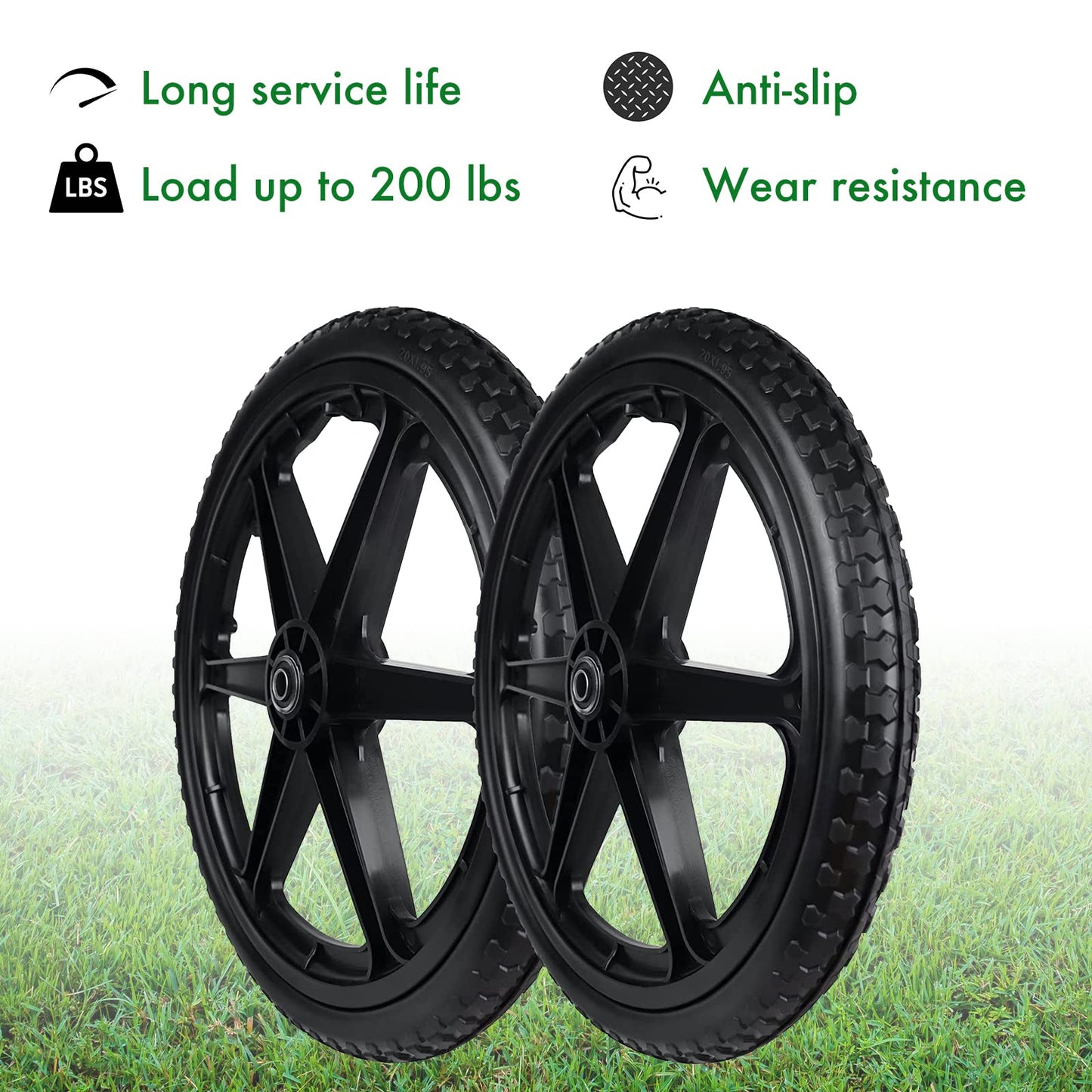 Flat Free Cart Wheels 20x1.95" Flat Free Tire Assembly with 5/8" Bearing 1.58 CM Hole Suitable for Garden Cart Lawn Cart Load 100 KG,2 PACK