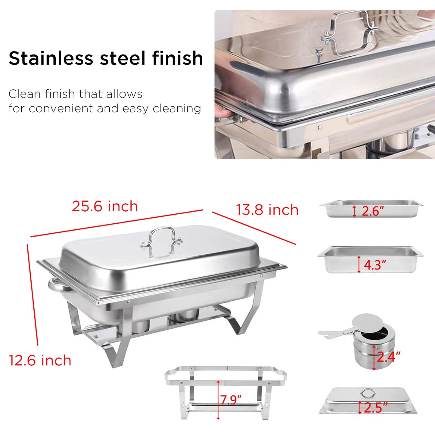 Pack of 4 Chafing Dish 8 Quart Stainless Steel Foldable Rectangular Chafer Full Size Food Pan Fuel Holder and Lid Food Warmers for Pary Banquet Buffets