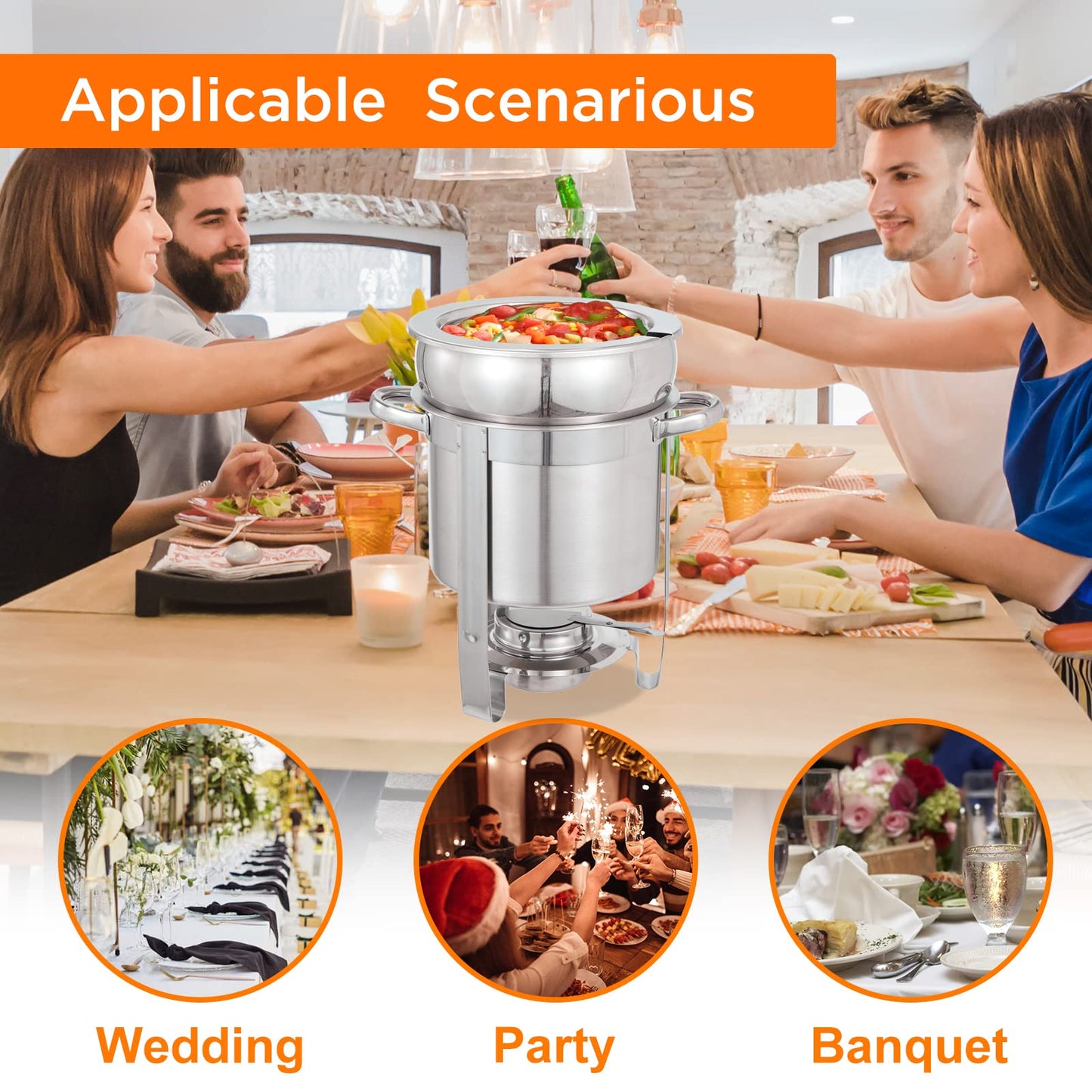 Upgraded 2 Pack Soup Chafer, 7 QT Stainless Steel Round Soup Warmer, Soup Chafer with Pot Lid and Fuel Holder for Parties Buffet Wedding Banquets Commercial Grade