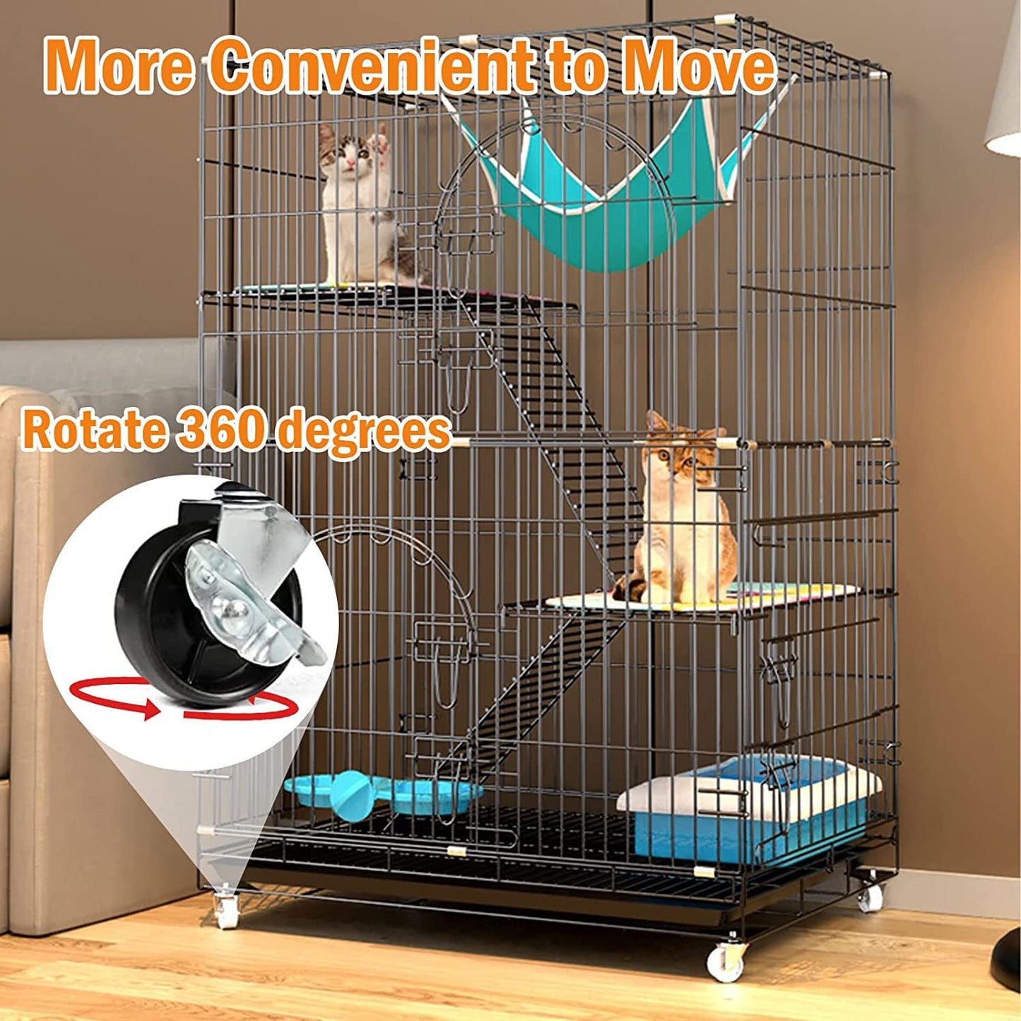 4 Tiers Cat Cage Metal Playpen Crate 45 Inch Large Kennel Enclosure Metal Cage Indoor Outdoor with 2 Doors & 1 Hammock &2 Ladder Suitable for Pet Cat,Ferret,Bunny and Chinchillas