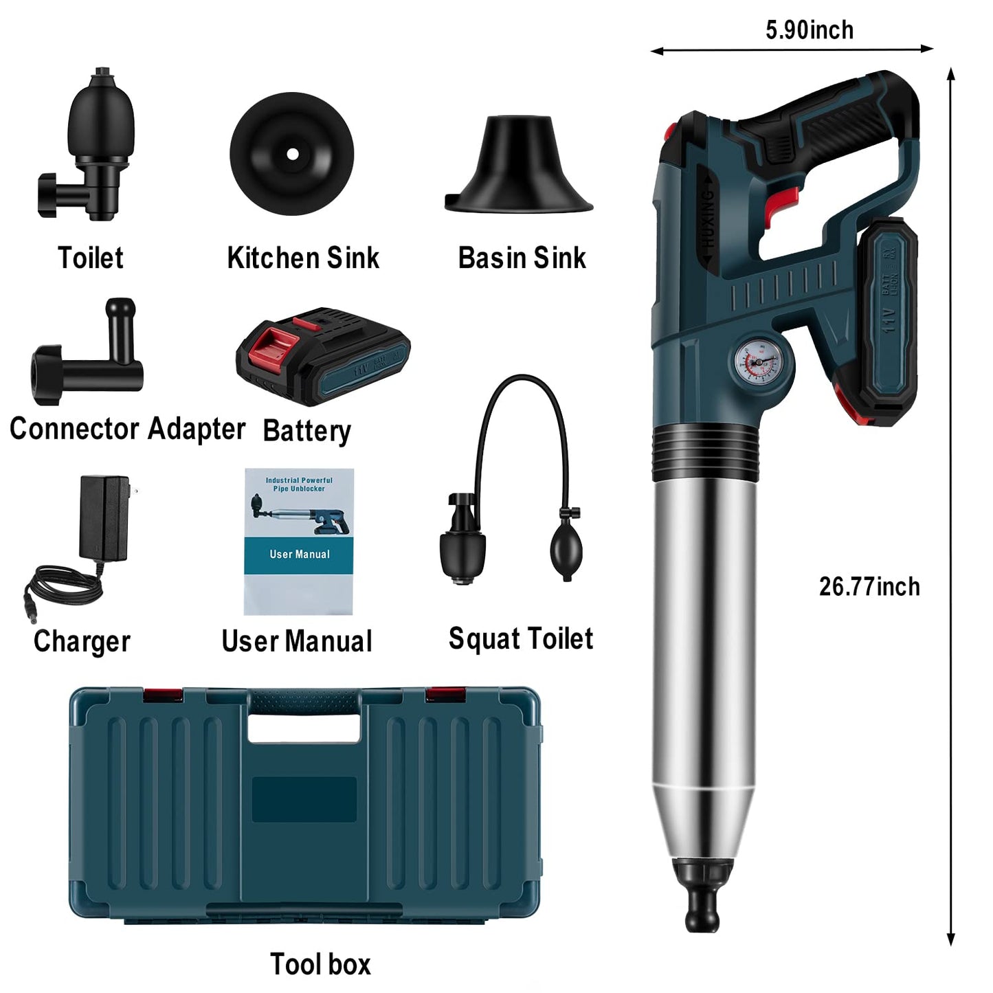 Electric Toilet Plunger, Drain Clog Remover Power Plunger, High Pressure Air Drain Blaster, Heavy Duty Plunger Tool With Real-Time Barometer & Battery For Toilet, Sink, Floor Drain, Sewer,Clogged Pipe