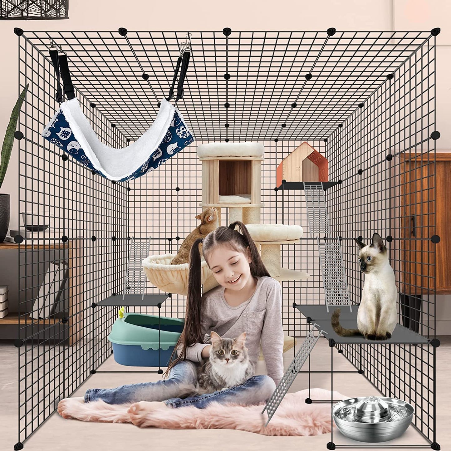 DIY Large Cat Cages Indoor,DIY Kennel Playpen.Detachable Metal Wire Large Cat Cage Exercise Place Ideal for 1-3 Cat,Comes with A Ladder Suitable for Ferret,Bunny and Chinchillas(55"x55"x55")