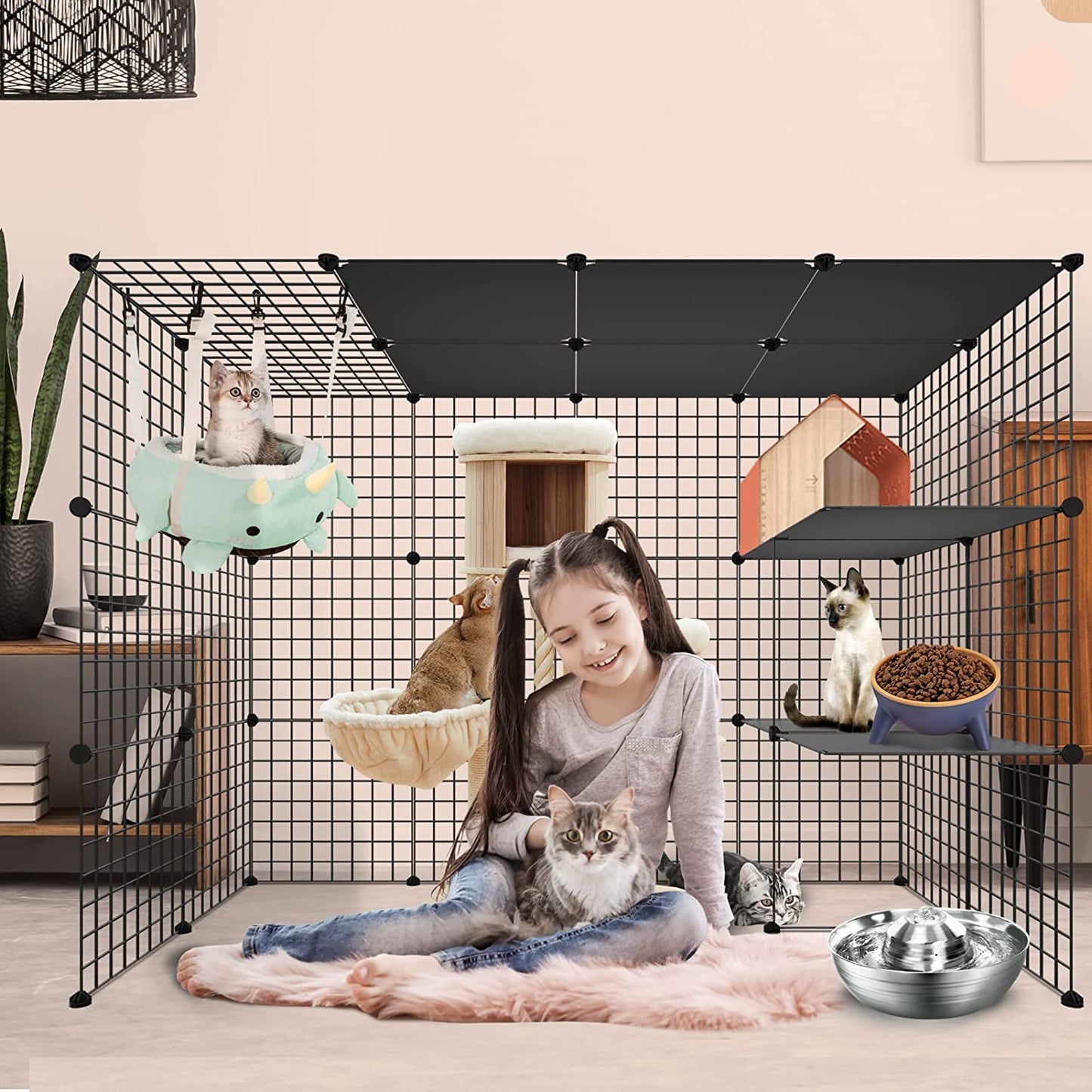 DIY Large Cat Cages Indoor,DIY Kennel Playpen.Detachable Metal Wire Large Cat Cage Exercise Place Ideal for 1-4 Cat,Comes with A Ladder Suitable for Ferret,Bunny and Chinchillas (69*69*28in)