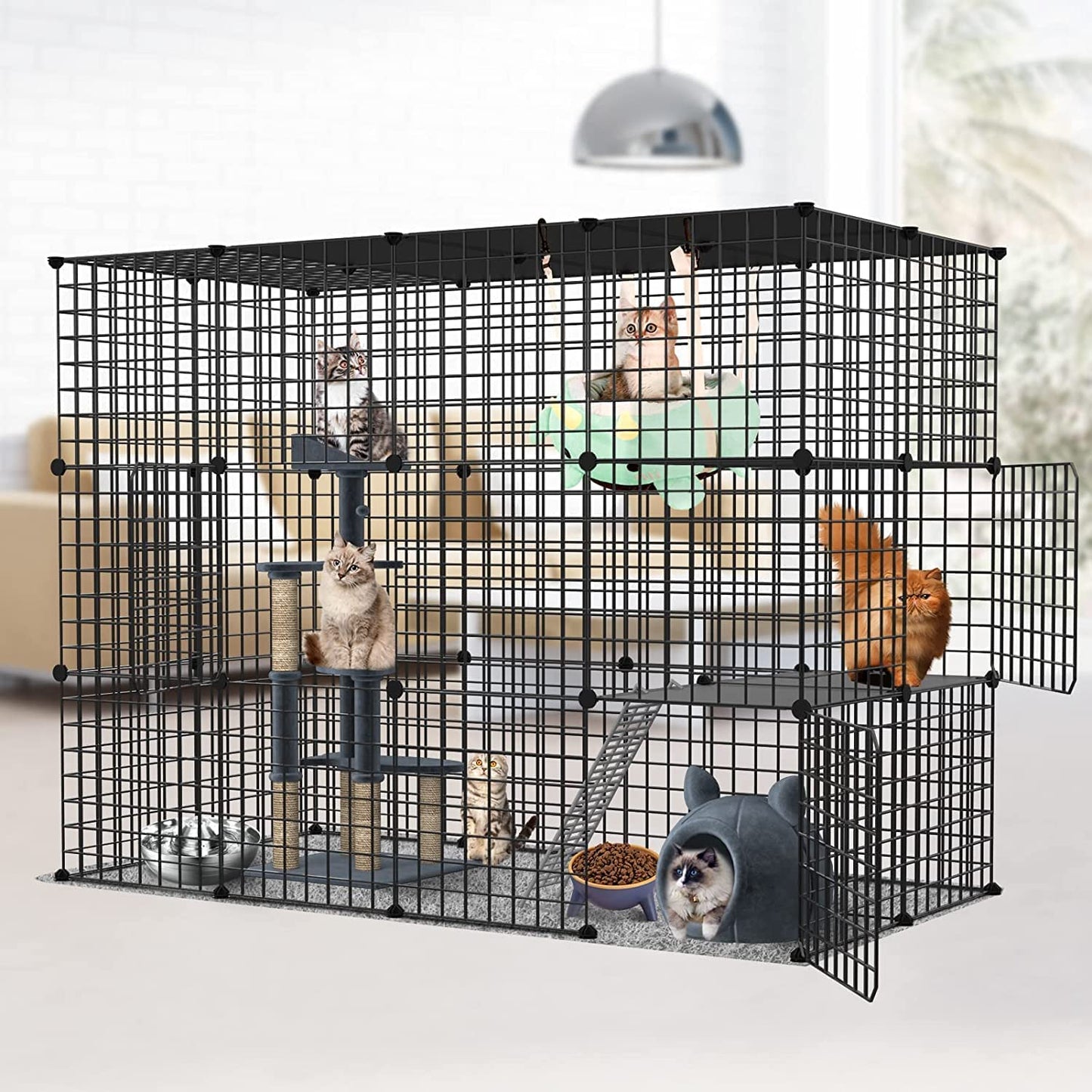 DIY Large Cat Cages Indoor,DIY Kennel Playpen.Detachable Metal Wire Large Cat Cage Exercise Place Ideal for 1-4 Cat,Comes with A Ladder Suitable for Ferret,Bunny and Chinchillas (69*69*28in)