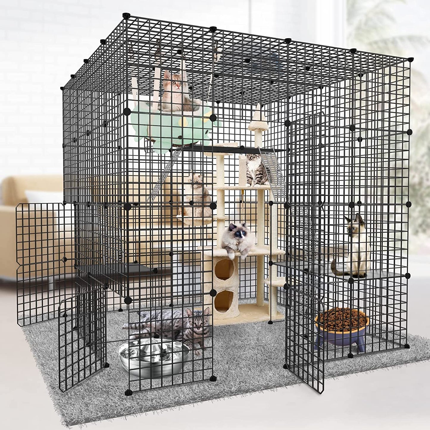 DIY Large Cat Cages Indoor,DIY Kennel Playpen.Detachable Metal Wire Large Cat Cage Exercise Place Ideal for 1-3 Cat,Comes with A Ladder Suitable for Ferret,Bunny and Chinchillas(55"x55"x55")