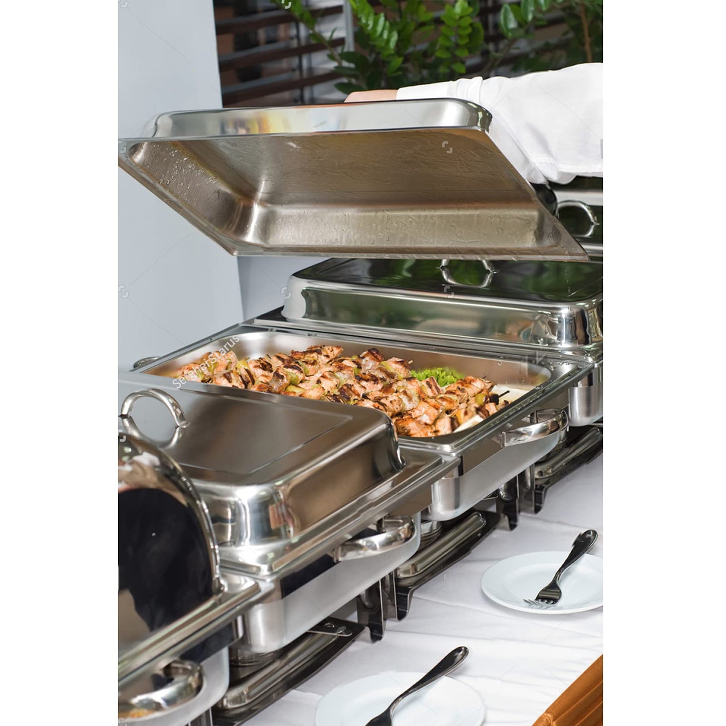 Pack of 4 Chafing Dish 8 Quart Stainless Steel Foldable Rectangular Chafer Full Size Food Pan Fuel Holder and Lid Food Warmers for Pary Banquet Buffets